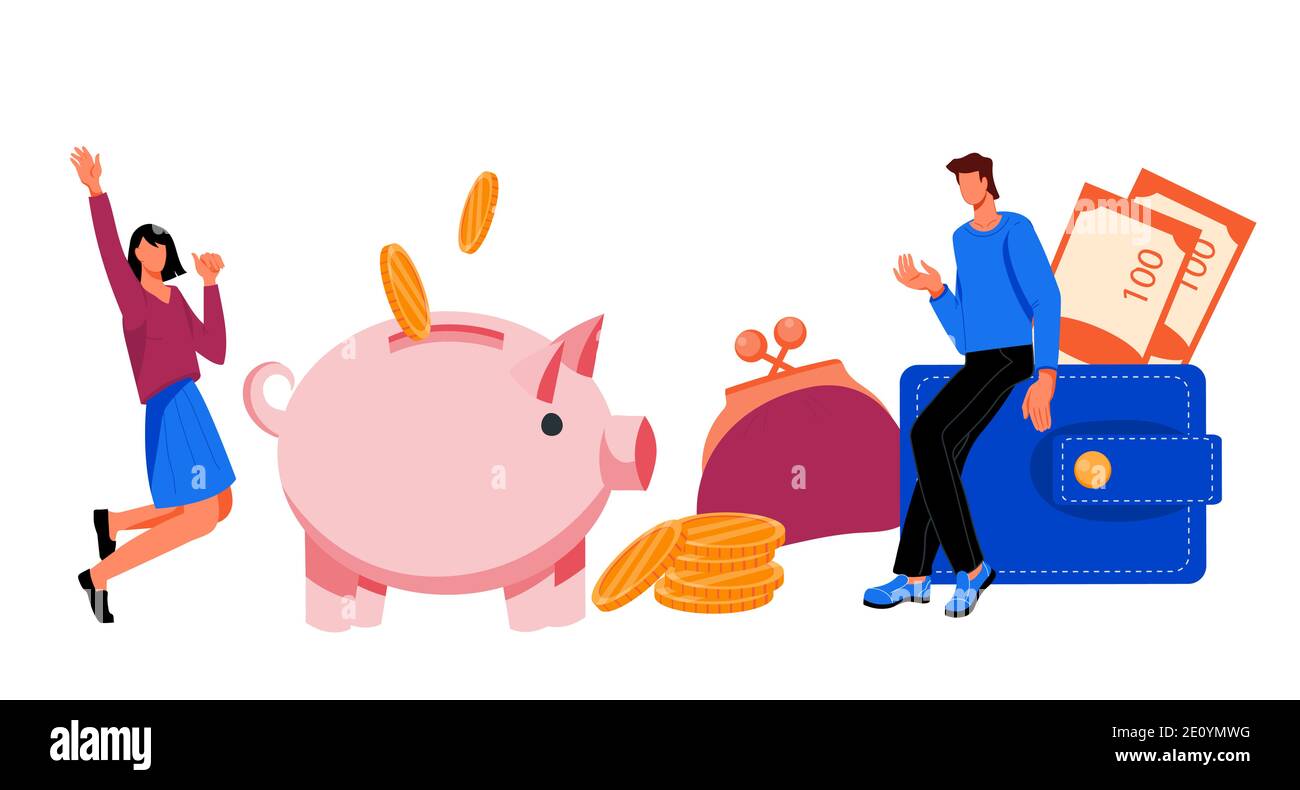 Tiny people characters standing next to Piggy bank and purses as ...