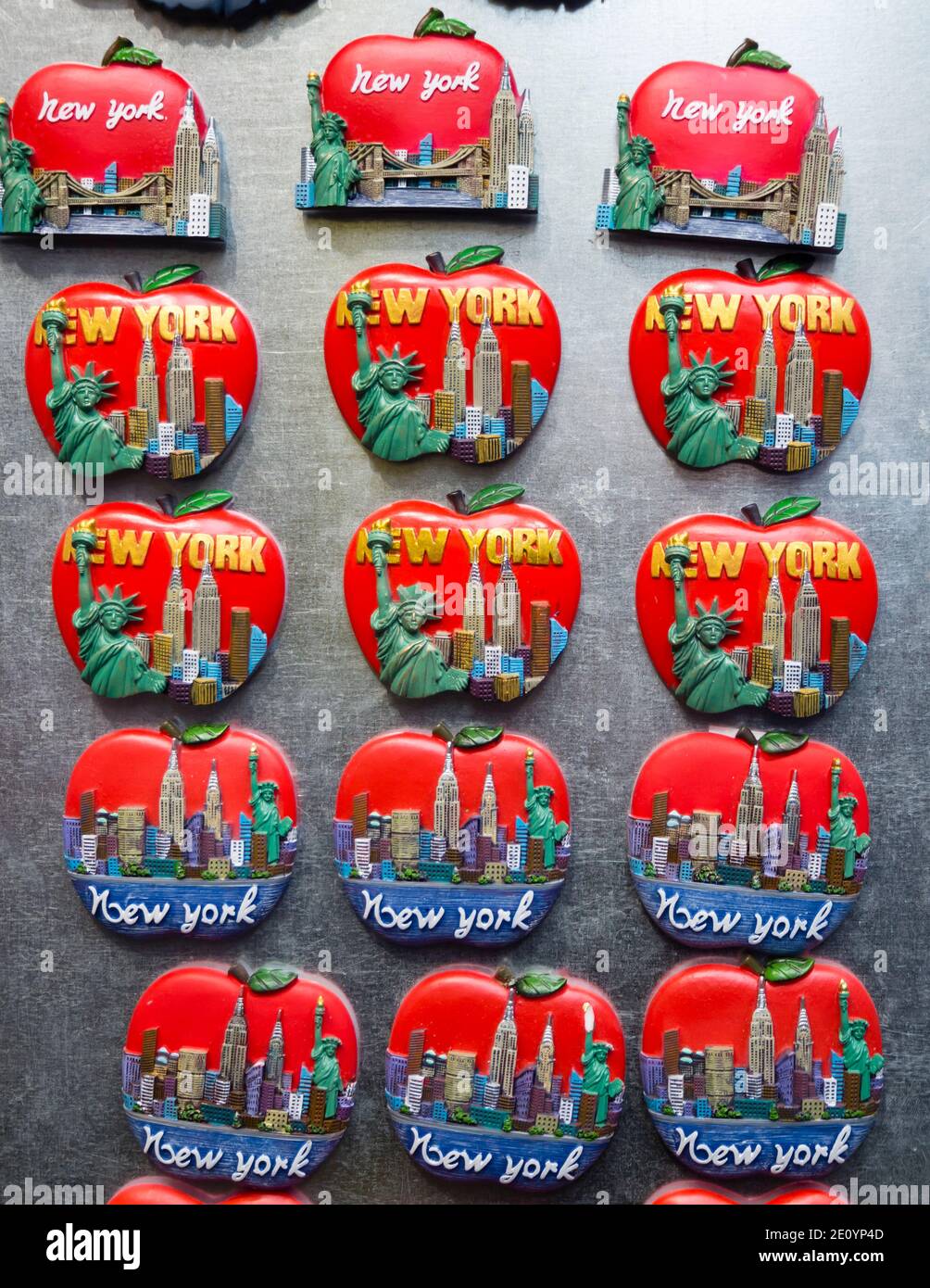 New York City, NY (USA) - 16 November 2019: New York souvenirs, refrigerator magnets and merchandise for sale at a booth in Manhattan Stock Photo