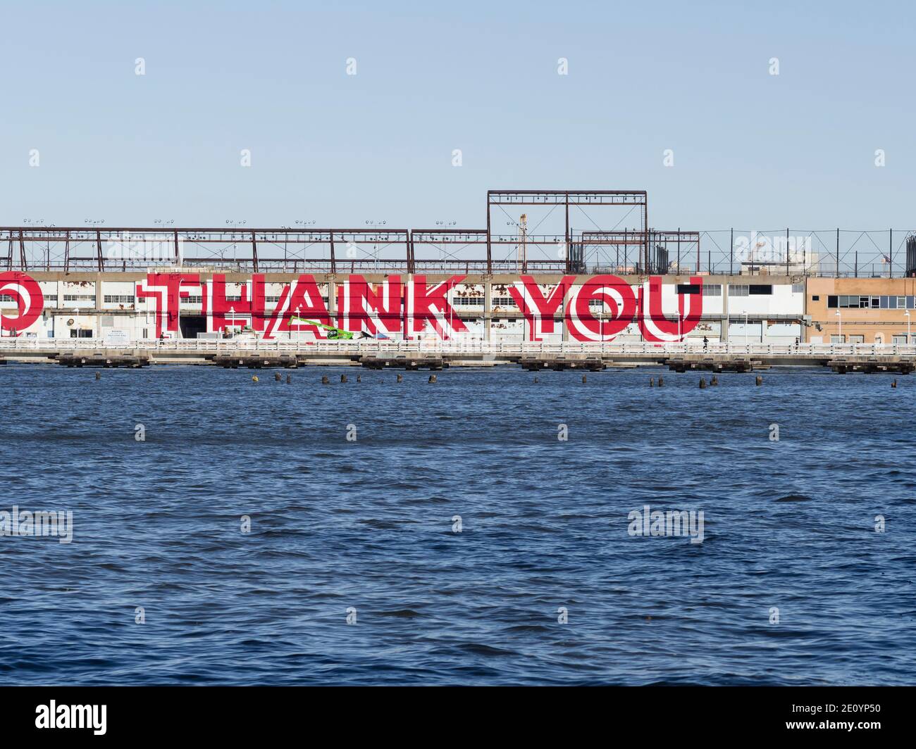 Graffiri 'Thank you' on a pier in the Hudson river Stock Photo