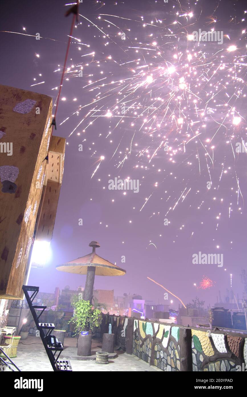 Sky fireworks amazing blasting sky during Indian religious Diwali / Depawali celebration in New Delhi, India Stock Photo