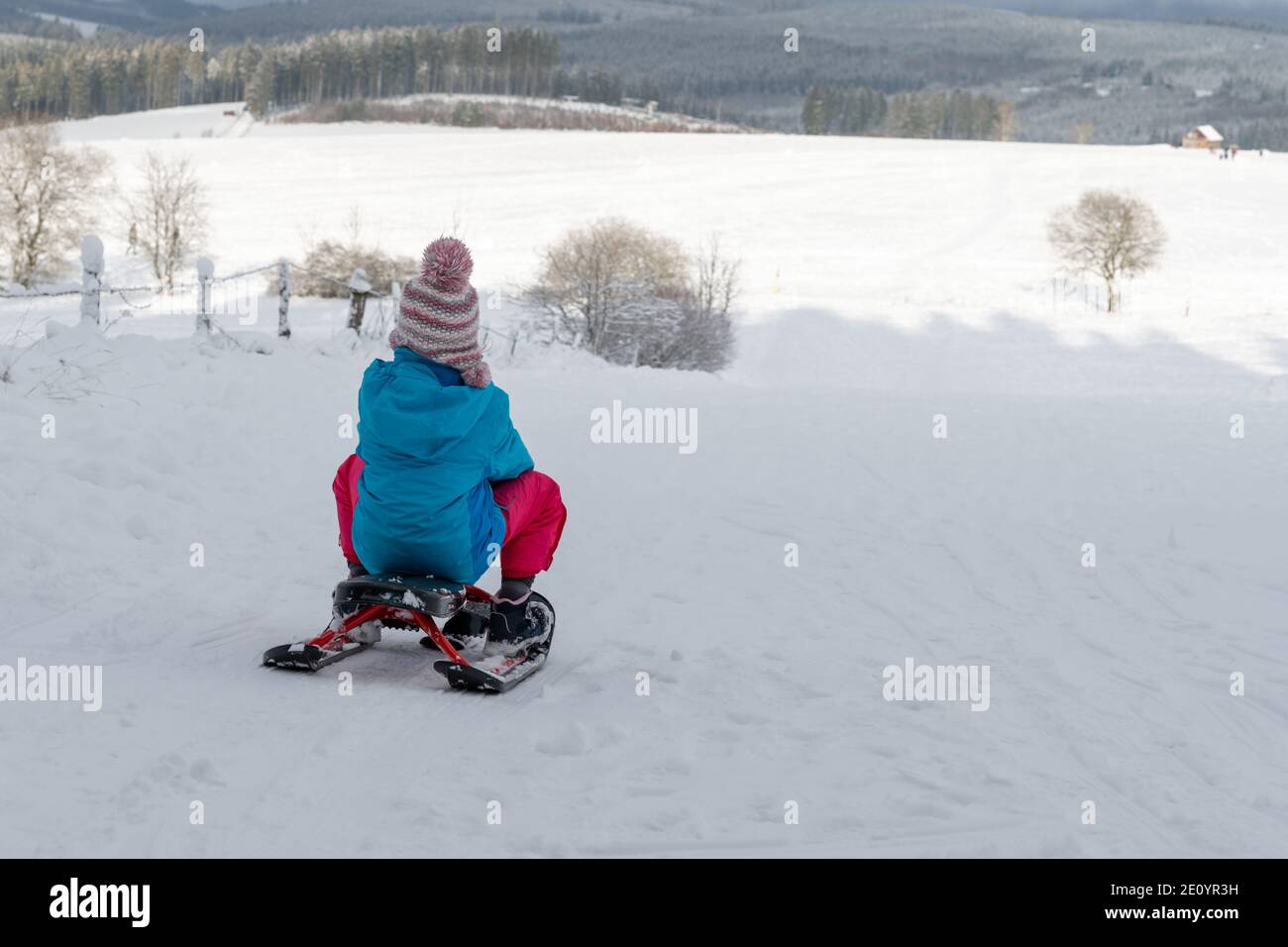 Child on toboggan snow and winter landscape. Back view Stock Photo Alamy