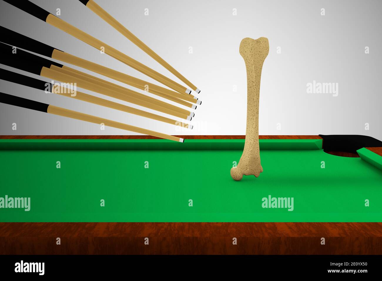 Many cue sticks aiming to hitting a Human thigh bone on a pool table. Strong bones and healthy