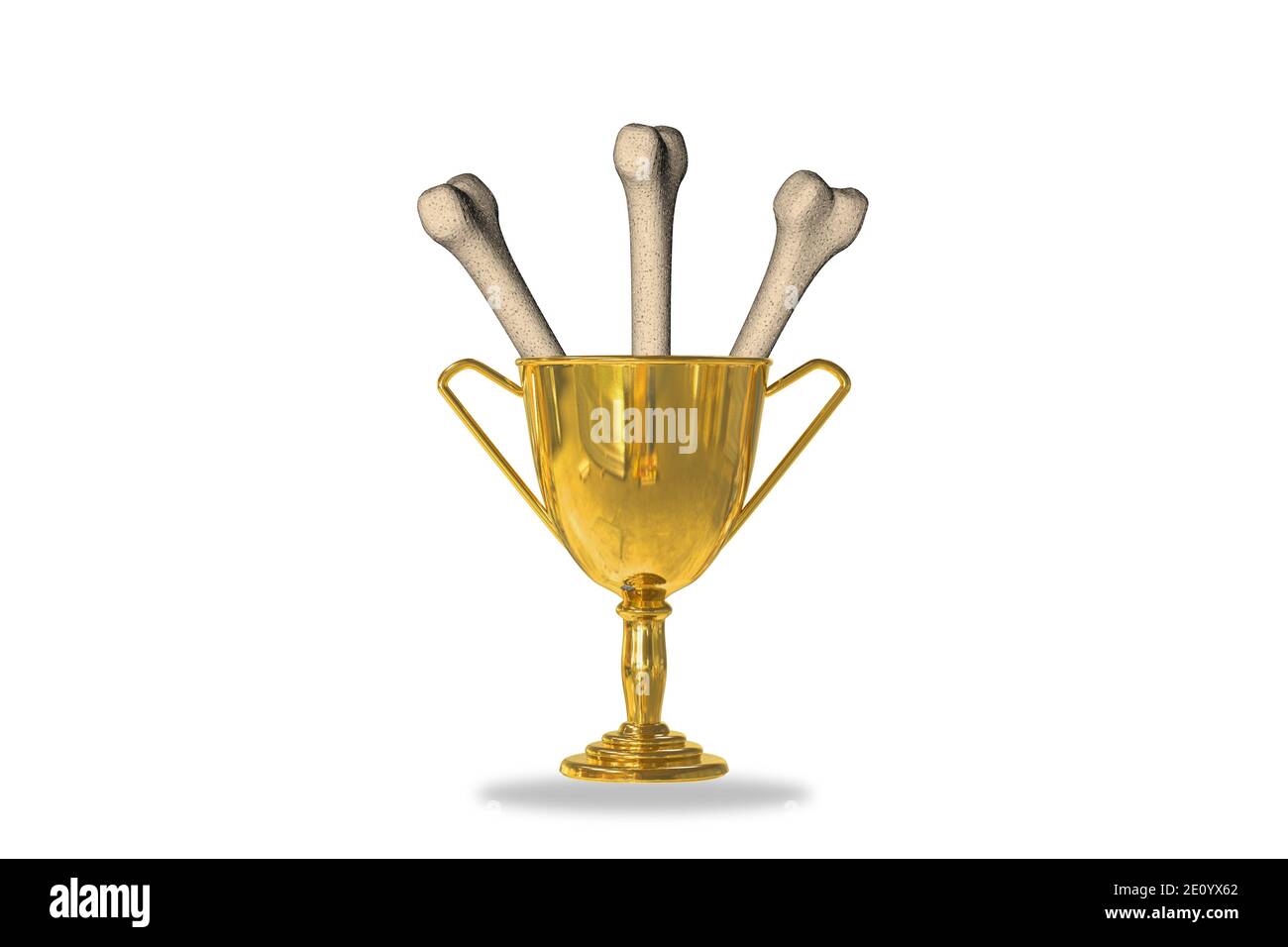 Golden trophy cup isolated on white background with Human thigh bones inside. Strong bones and healthy human bone. 3d illustration Stock Photo