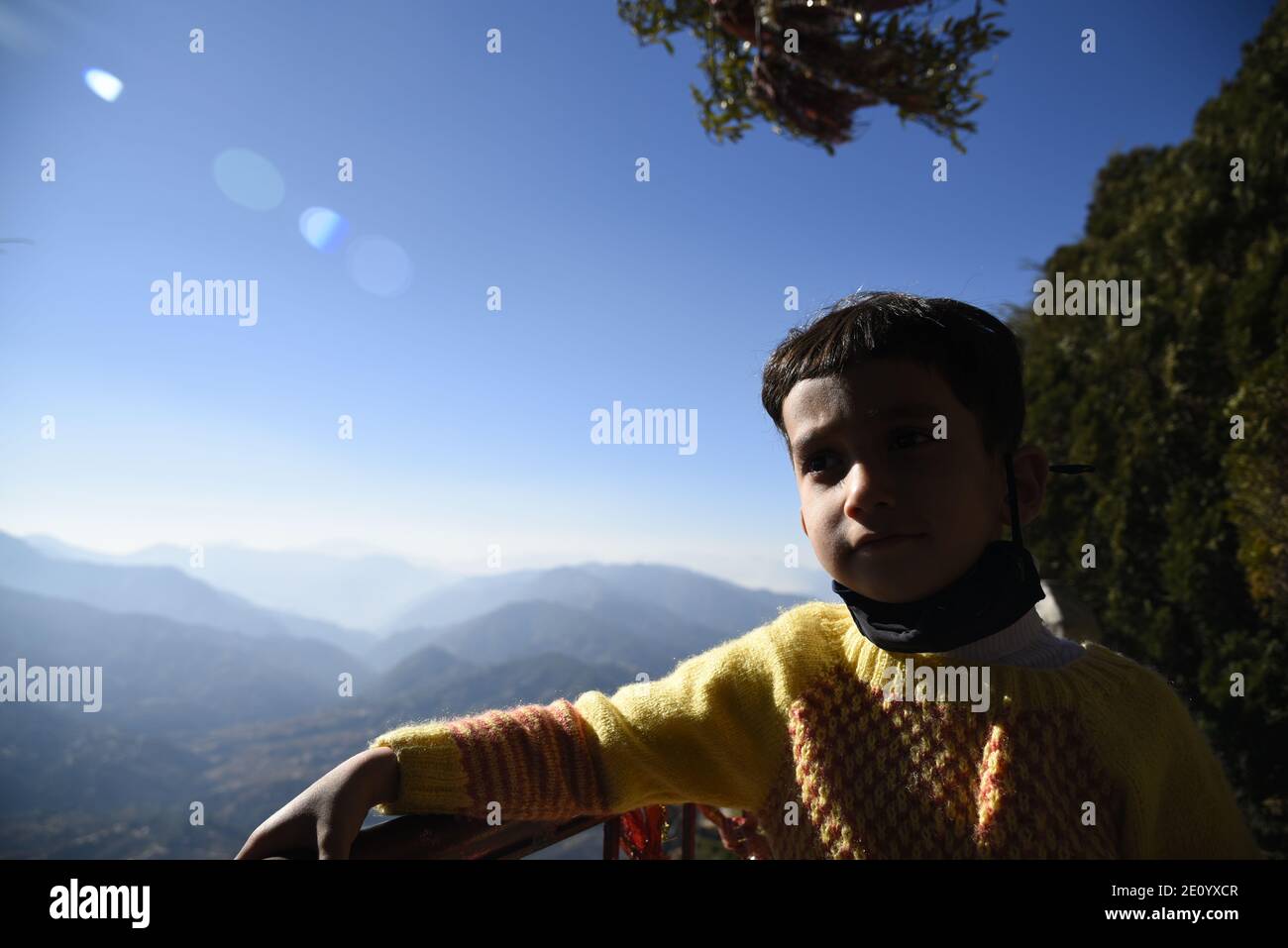 Scenic snow Himalayas mountain view from Hindu Lord Shiva Mukteshwar Temple located in Nainital District Uttarakhand state. Stock Photo