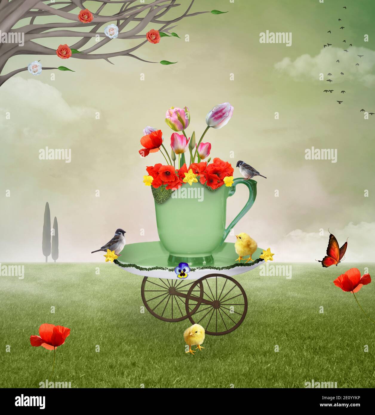 Surreal countryside illustration with a cup full of flowers in a green field Stock Photo