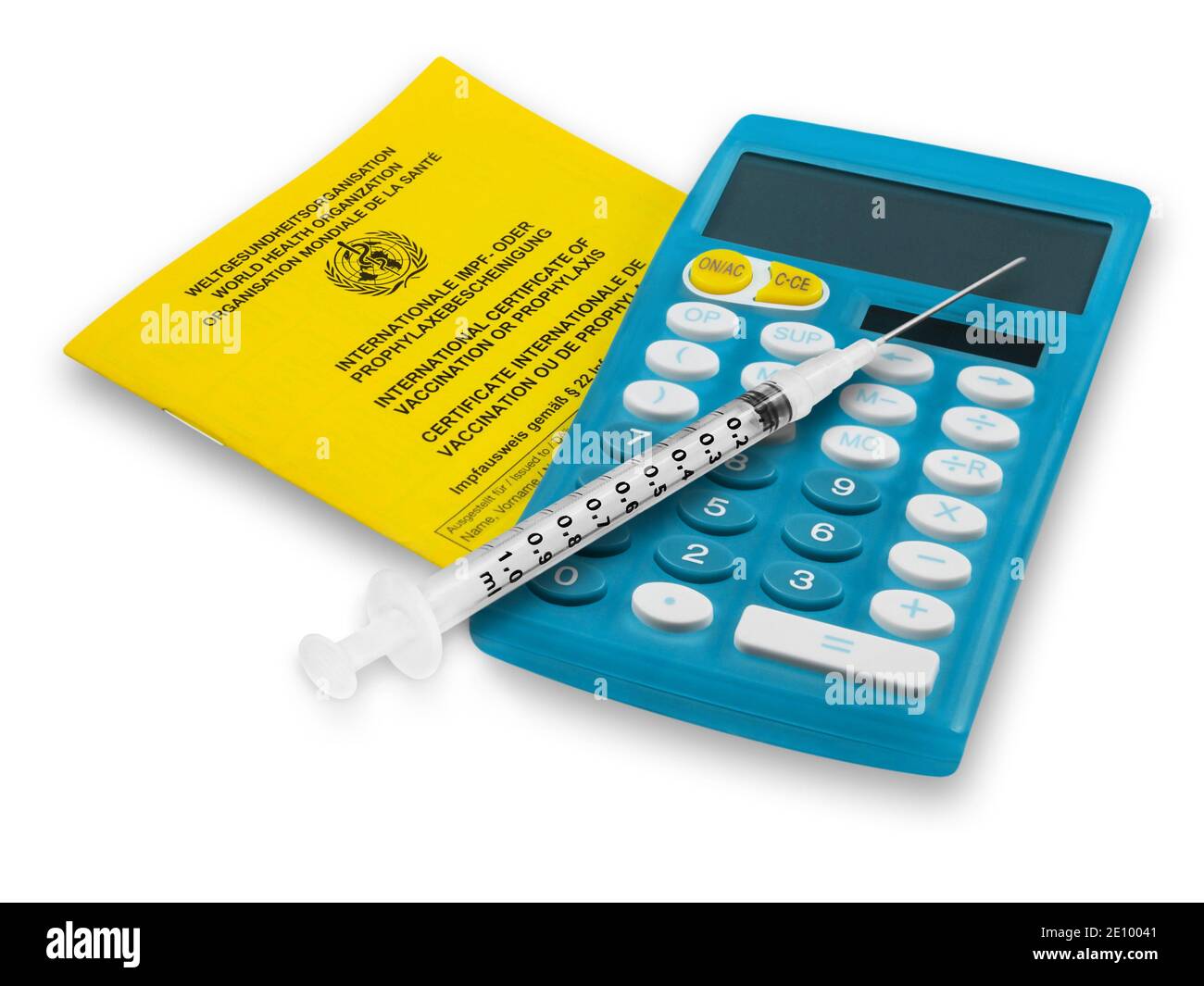 Certificate of vaccination and calculator with injection against white background Stock Photo