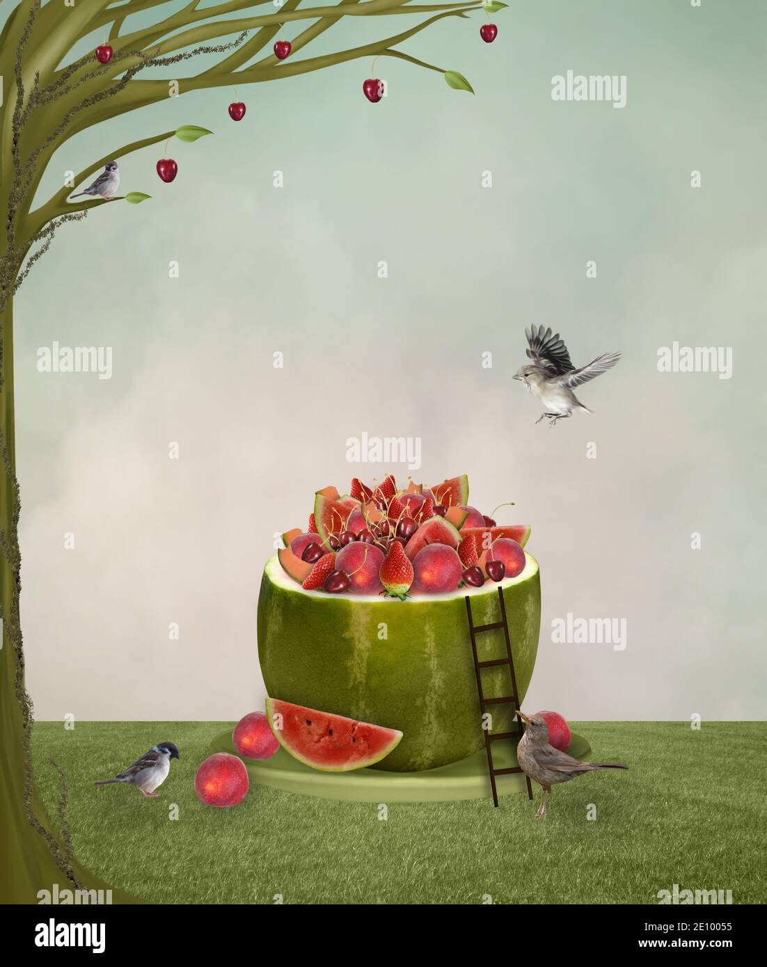 Fantasy countryside scenery with summer fruit and lovely birds Stock Photo