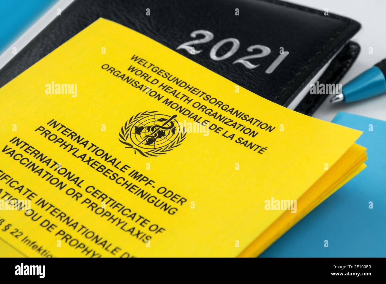 Certificate of vaccination and calendar 2021 Stock Photo