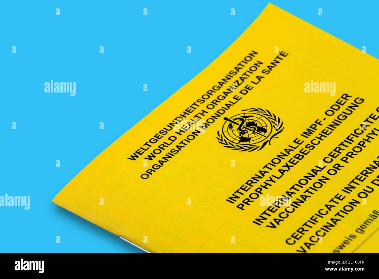 Internationaler Impfpass auf blauem Hintergrund Stock Photo