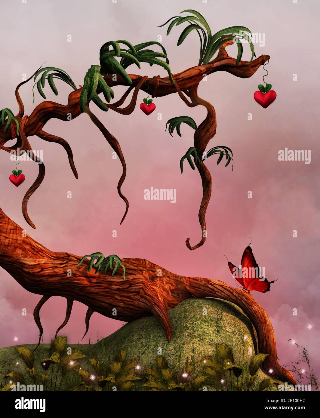 Surreal illustration of an old trunk with red hearts Stock Photo