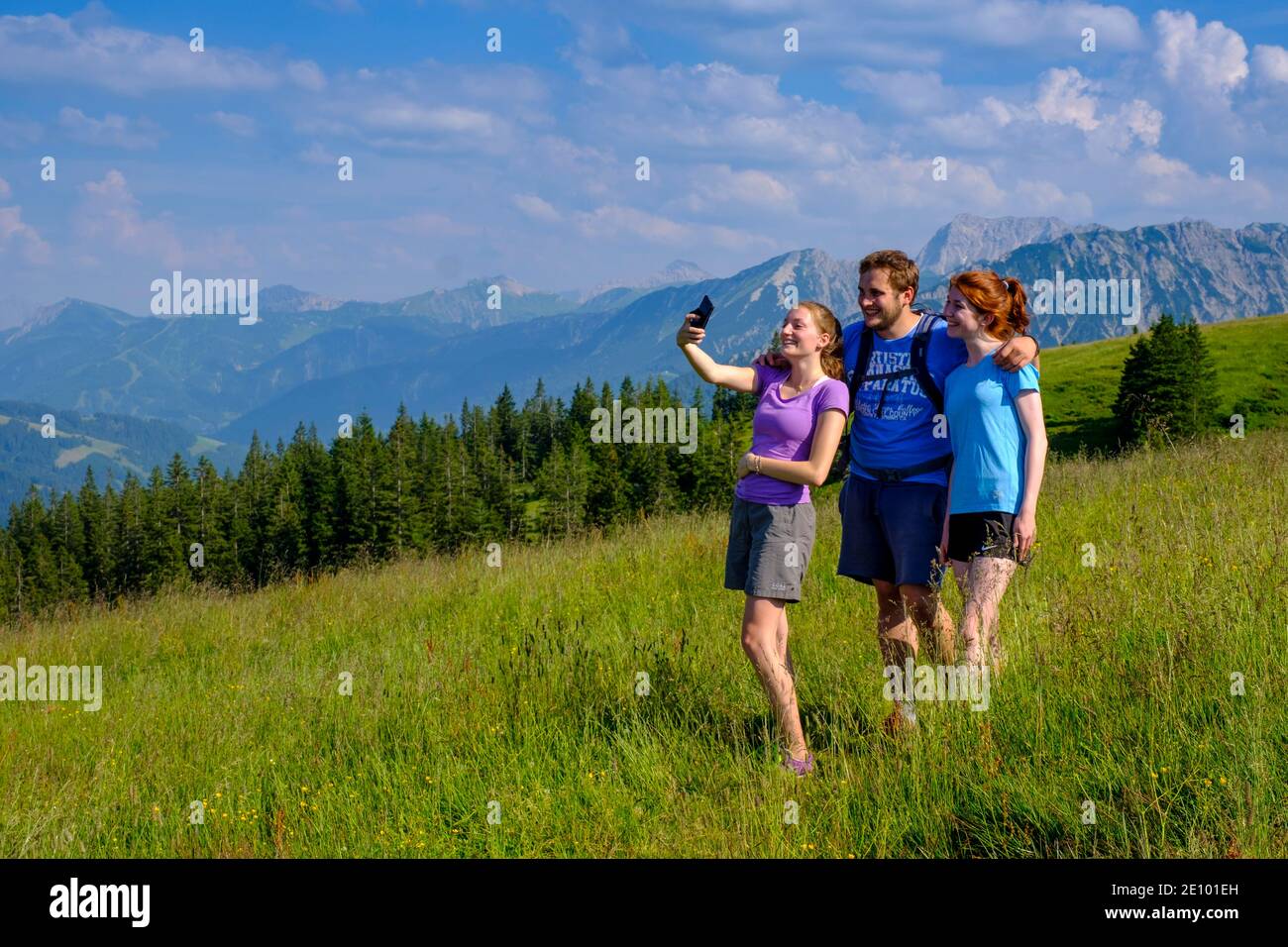 Selfie, hiker on the way from Alpe Schnitzeltal to Wertacher Hörnle, Oberallgäu, Allgäu, Swabia, Germany, Europe Stock Photo