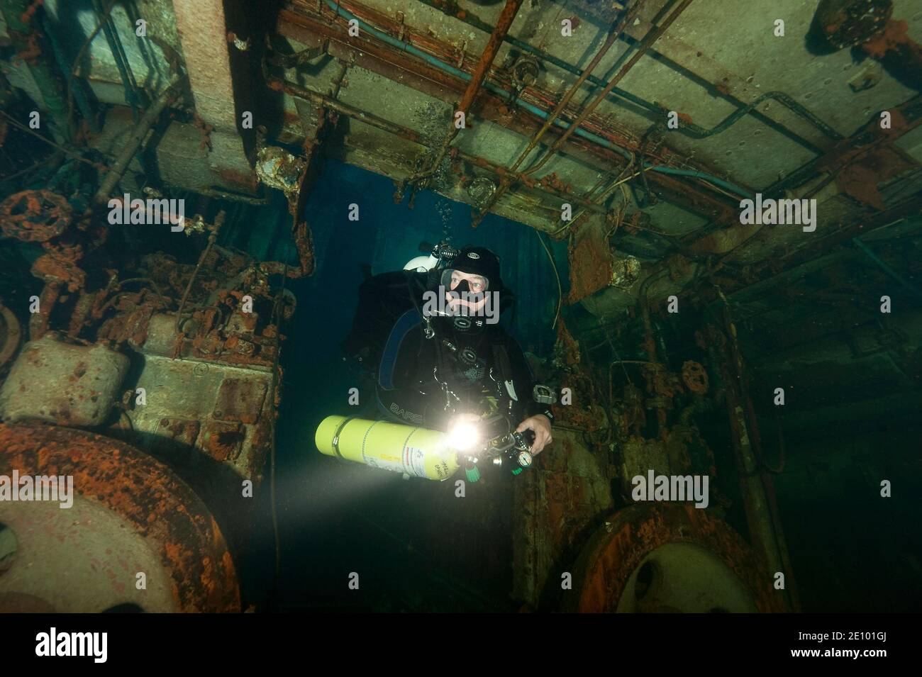 Tech diver with special equipment in shipwreck, diving, Mediterranean