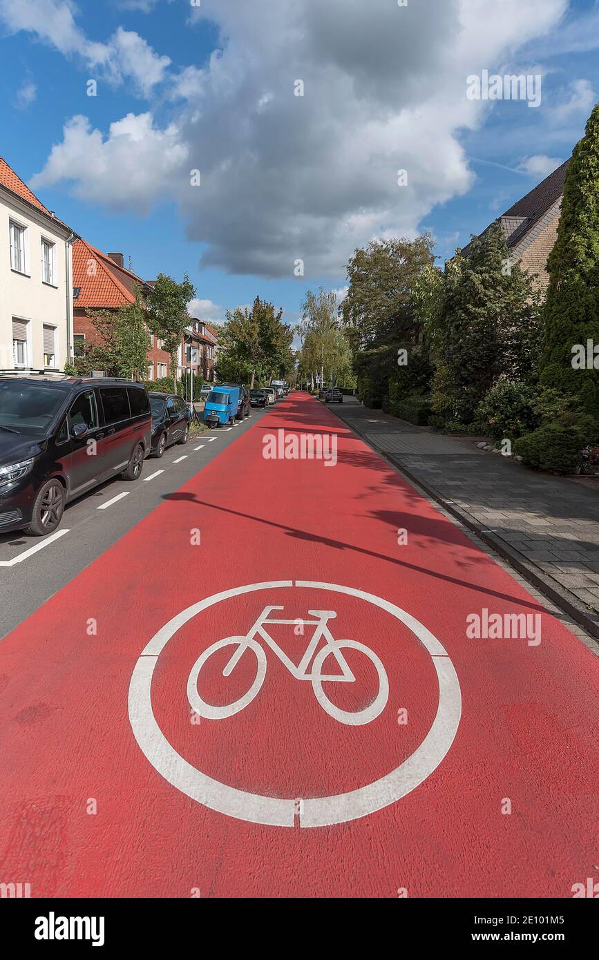 Red marked bicycle road, bicycle path, Münster, North Rhine-Westphalia, Germany, Europe Stock Photo