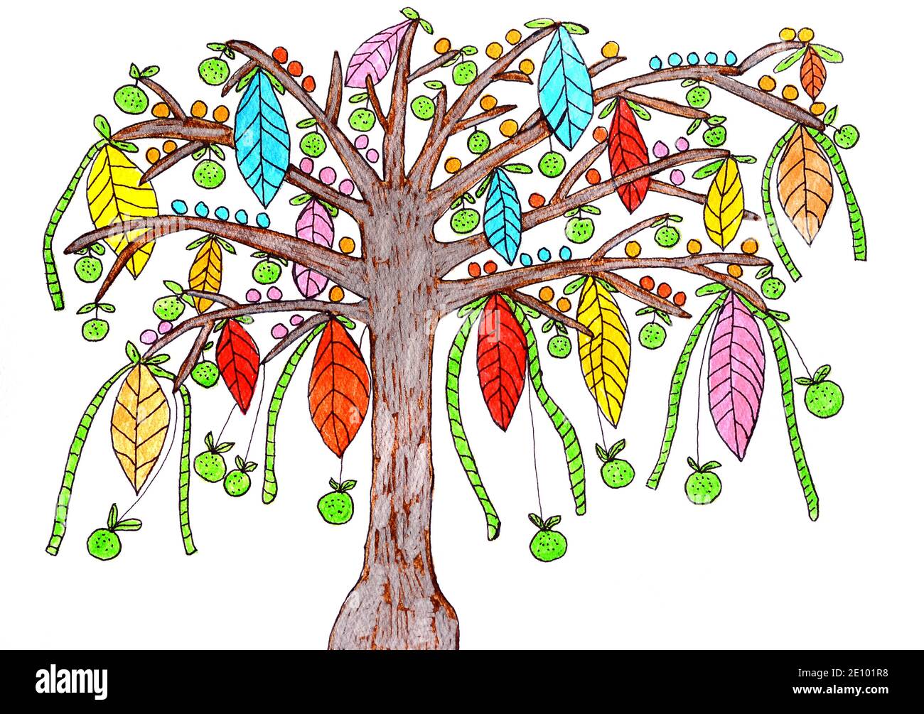 Painted tree with colorful leaves and apples, naive painting, white background Stock Photo