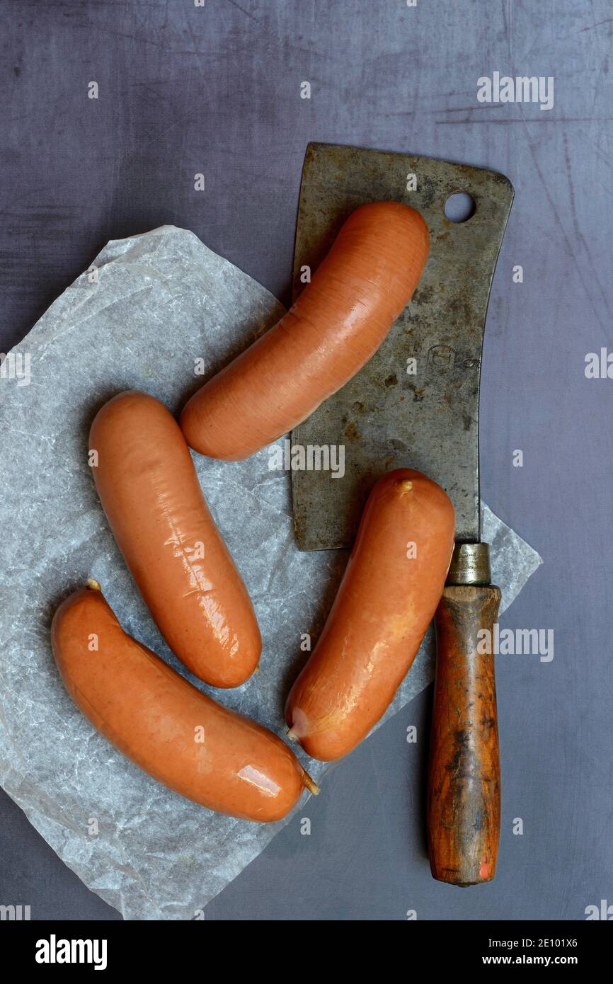Meat sausages with cleaver, Switzerland, Europe Stock Photo Alamy