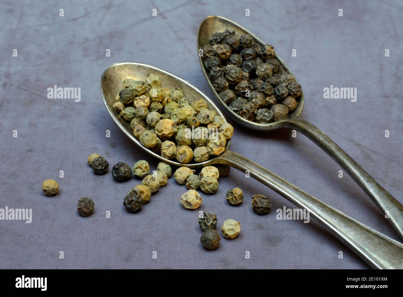Peppercorns in spoon, green Malabar pepper, black Tellicherry pepper, Germany, Europe Stock Photo