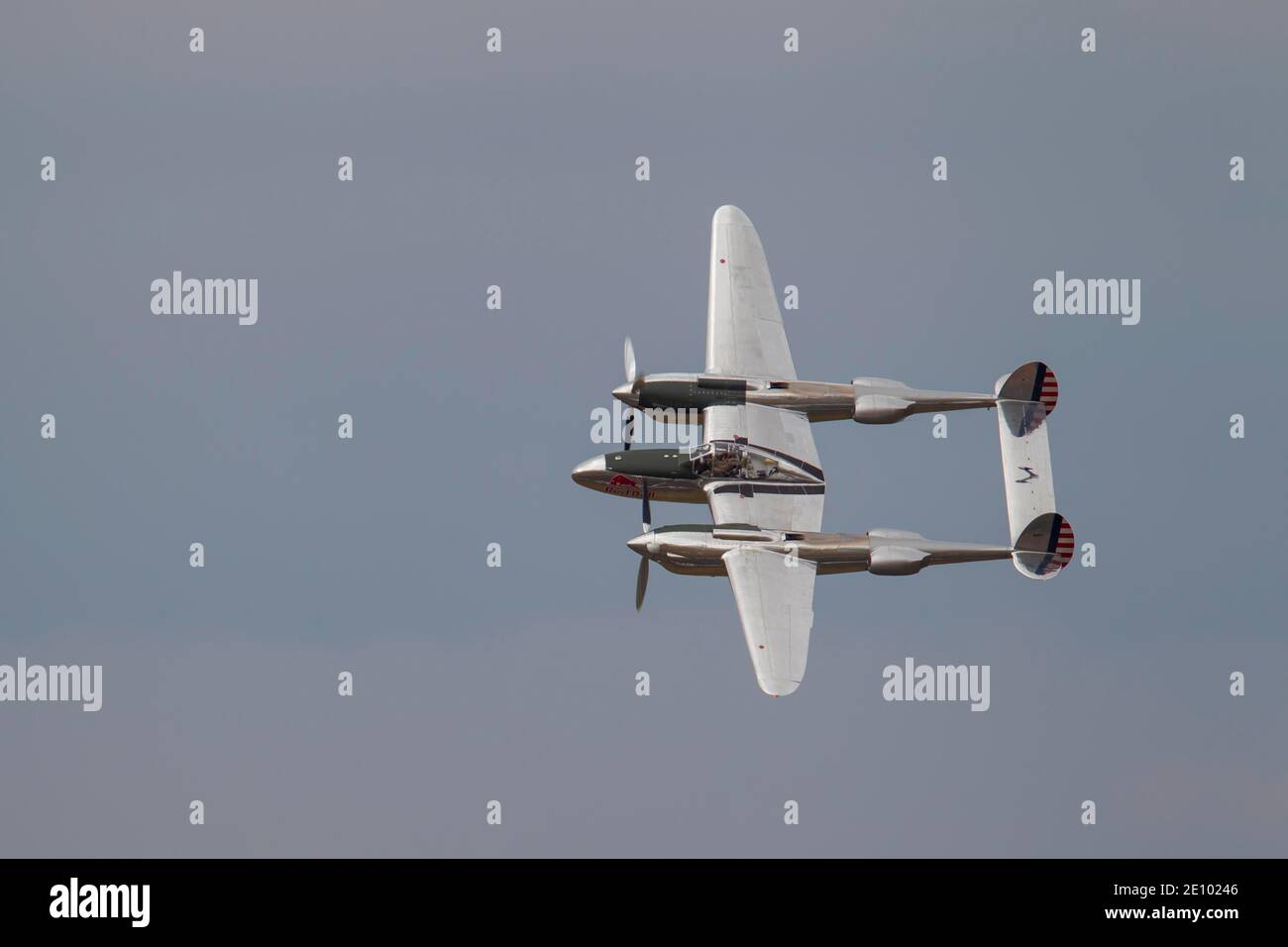 Lockheed P-38 Lightning aircraft in flight, Cambridgeshire, England, United Kingdom, Europe Stock Photo