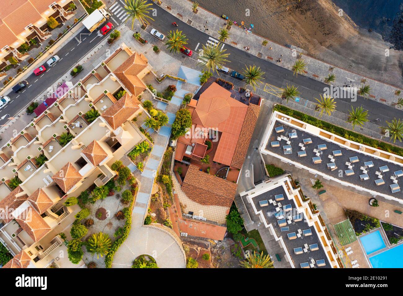 Apartment buildings and restaurant from above, La Puntilla, Valle Gran Rey, drone recording, La Gomera, Canary Islands, Spain, Europe Stock Photo