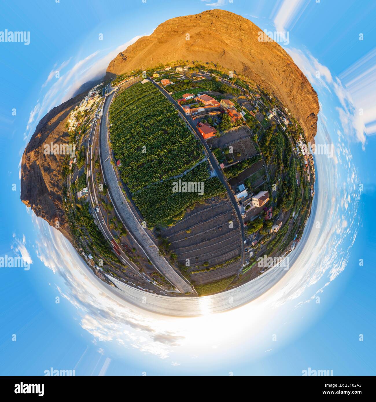 Spherical panorama, Valle Gran Rey, drone picture, La Gomera, Canary Islands, Spain, Europe Stock Photo