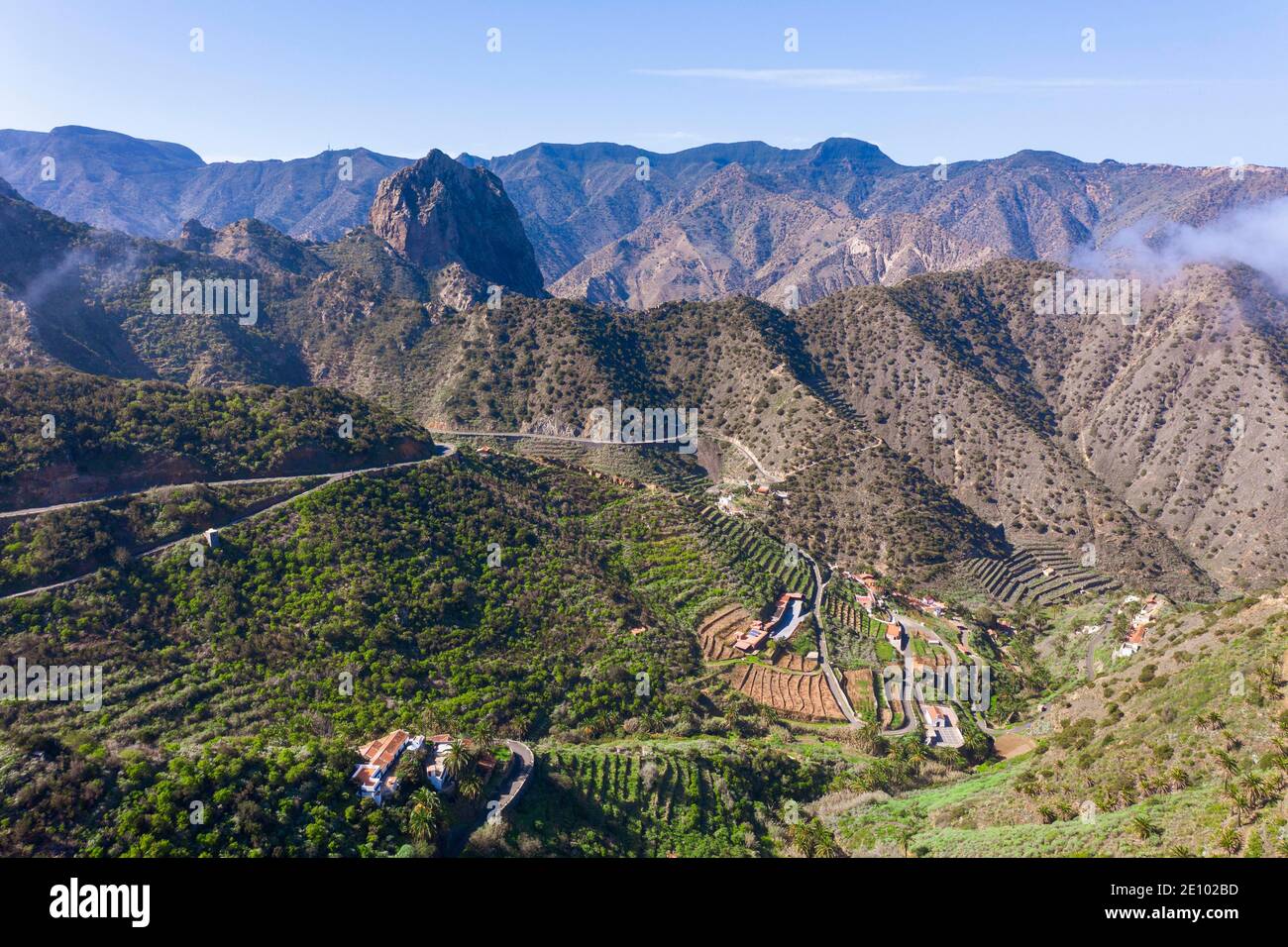 Tamargada settlement and Roque Cano mountain, near Vallehermosos, drone image, La Gomera, Canary Islands, Spain, Europe Stock Photo