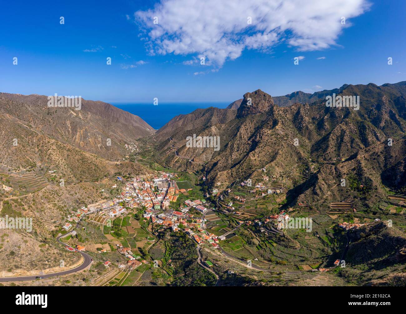 Village Vallehermoso and mountain Roque Cano, drone image, La Gomera, Canary Islands, Spain, Europe Stock Photo