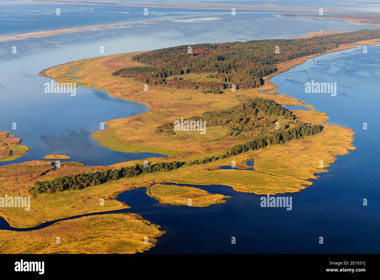 Aerial view of the Small Werder Islands in the National Park Vorpommersche Boddenlandschaft, Waldbock, Baltic Sea, Barth, Zingst, Mecklenburg-Western Stock Photo