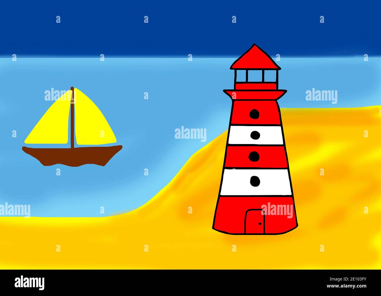 Naive illustration, children drawing, lighthouse with sailboat in sea Stock Photo