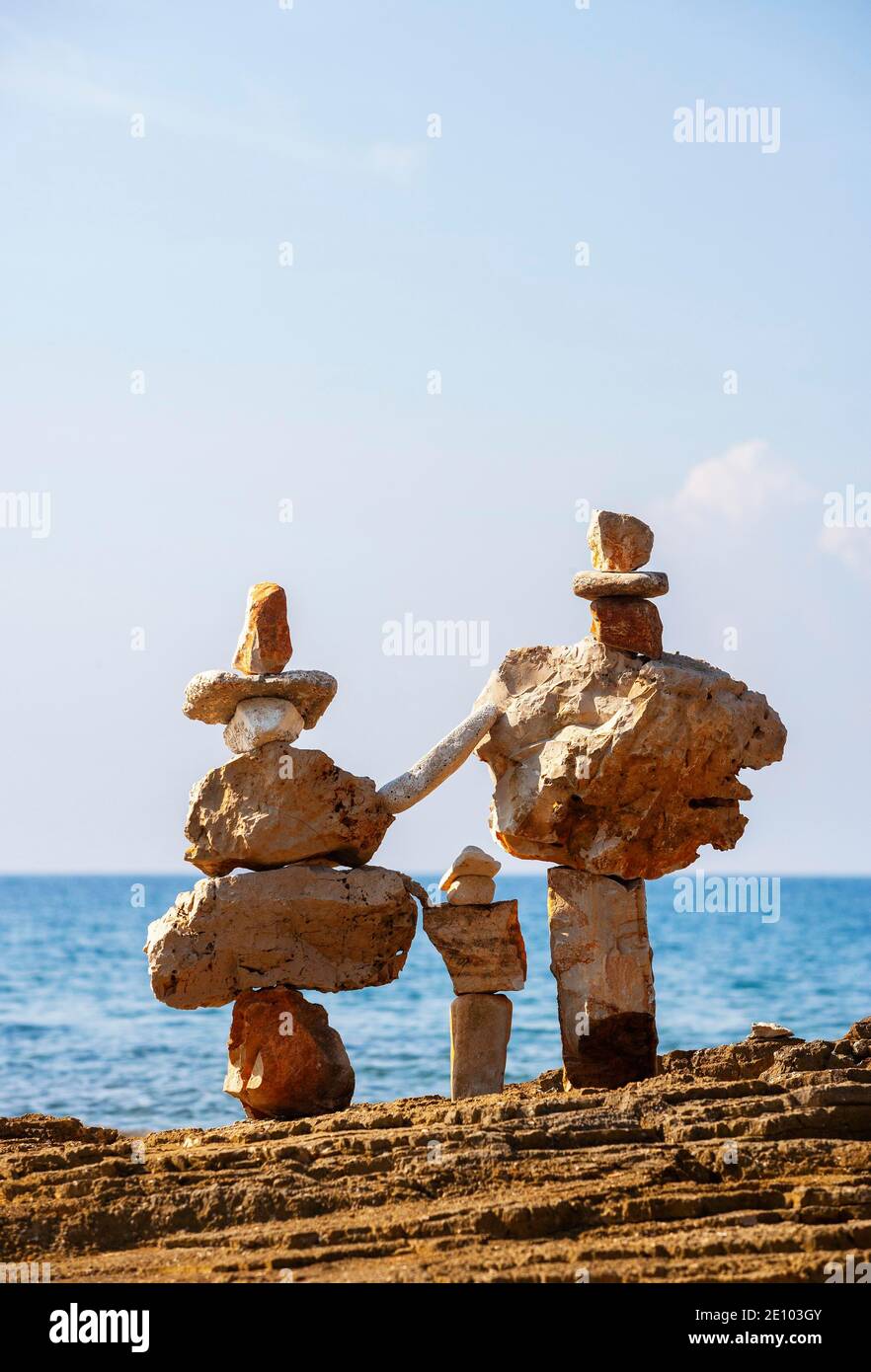 Stone figures on the beach, Novigrad, Adriatic coast, Istria, Croatia, Europe Stock Photo