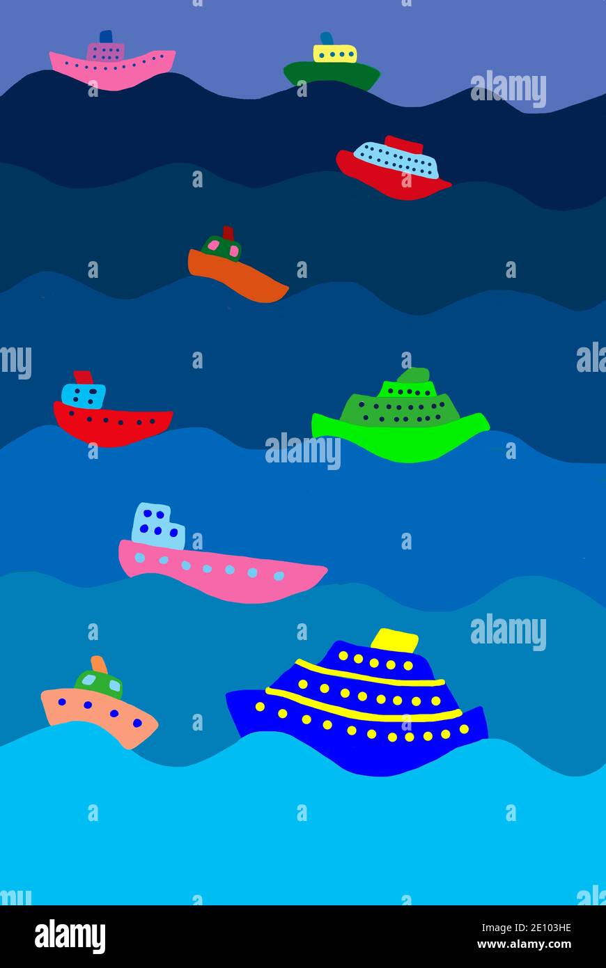 Naive illustration, children drawing, different colored ships between waves in sea Stock Photo