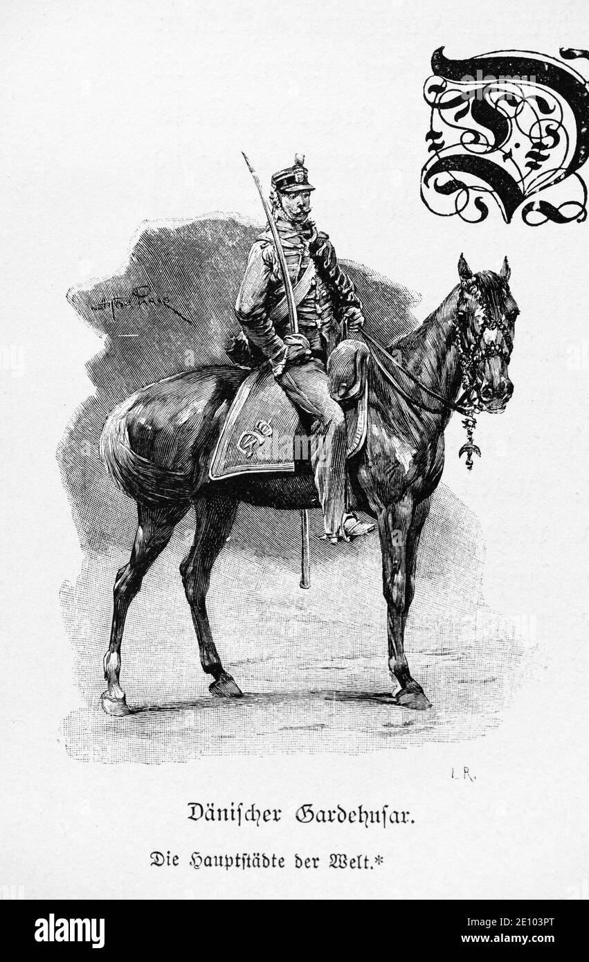 Dänischer Gardehusar or Danish Guard Hussar on horse, Copenhagen, Denmark, illustration taken from 'Die Hauptstädte der Welt', Breslau about 1987 Stock Photo