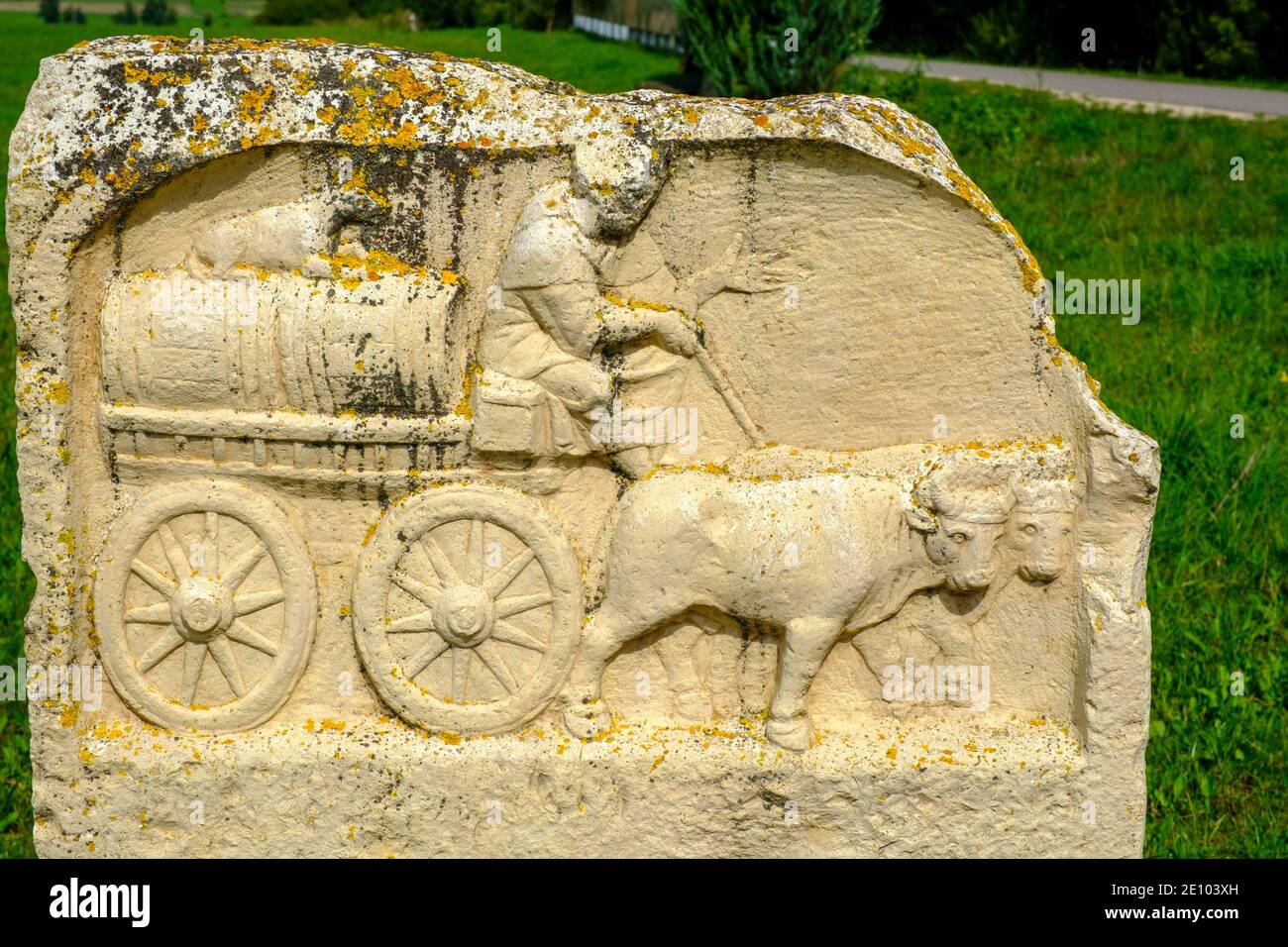 Ox carts, Roman gravestones, Limeseum, Museum, Ruffenhofen Roman Park, Middle Franconia, Franconia, Bavaria, Germany, Europe Stock Photo