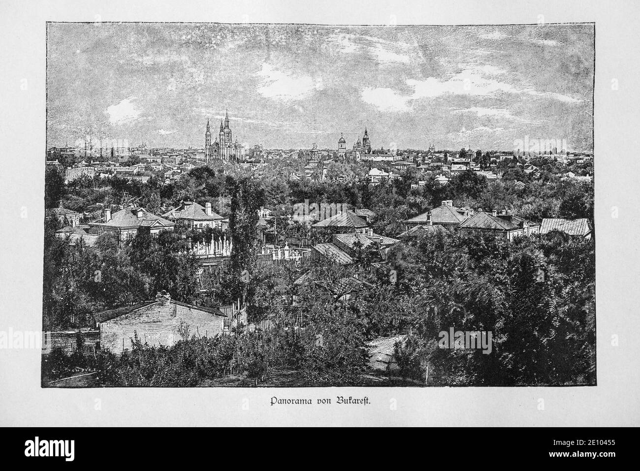 'Panorama von Bukarest', panoramic view of Bucharest from the outskirts to the city,Bucharest, Romania, illustration from 'Die Hauptstädte der Welt', Stock Photo