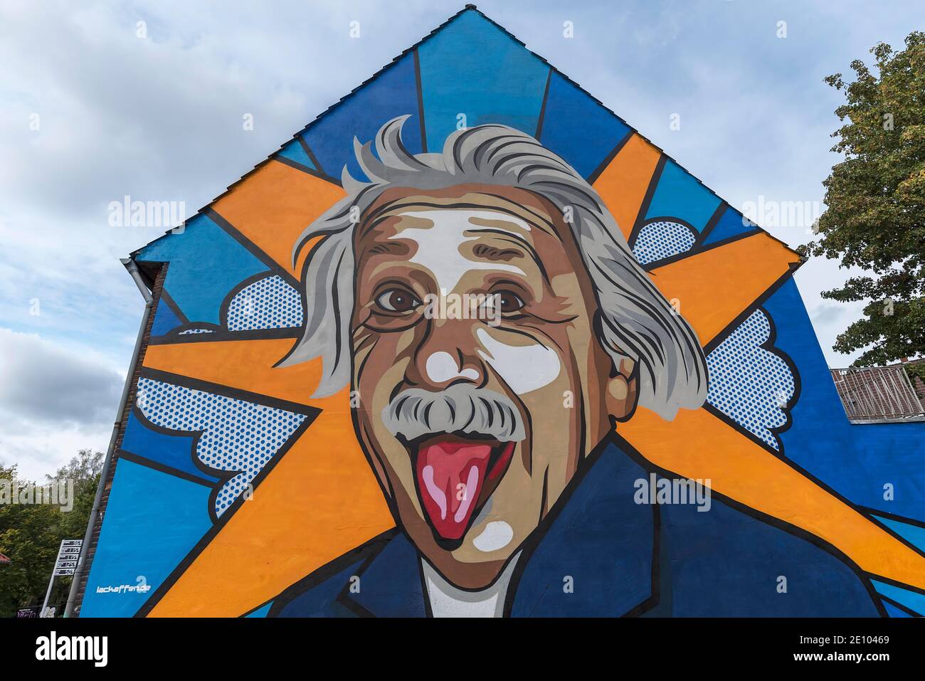 Graffiti by Albert Einstein on a house wall by the company lackaffen.de in Münster, Münster, North Rhine-Westphalia, Germany, Europe Stock Photo