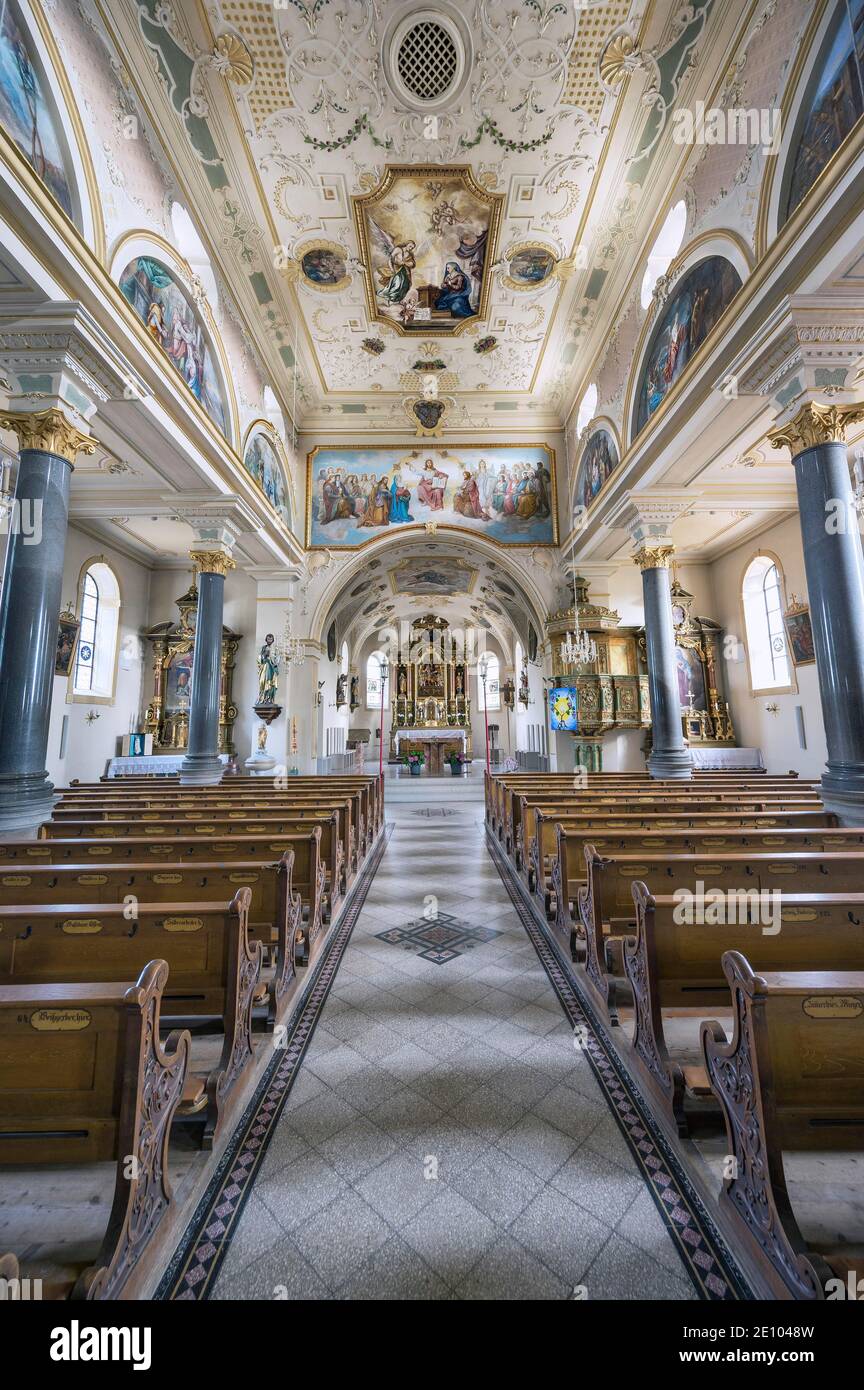 Nave with chancel, Church of Saint Benedict, Odelzhausen, Upper Bavaria, Bavaria, Germany, Europe Stock Photo
