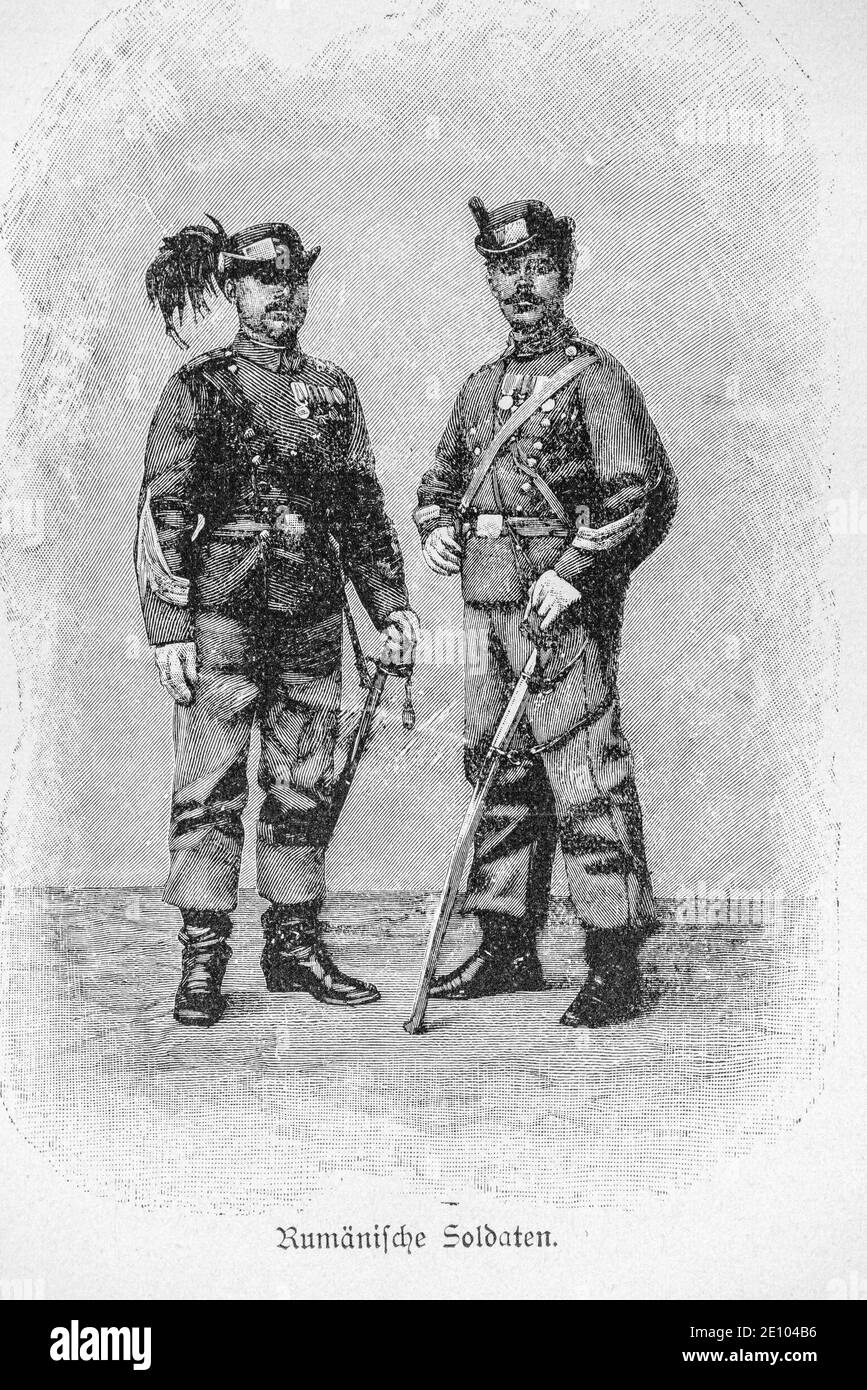 'Rumänische Soldaten', two Rumanian soldiers in their uniforms, Bucharest, Romania, illustration from 'Die Hauptstädte der Welt', Breslau about 1897 Stock Photo