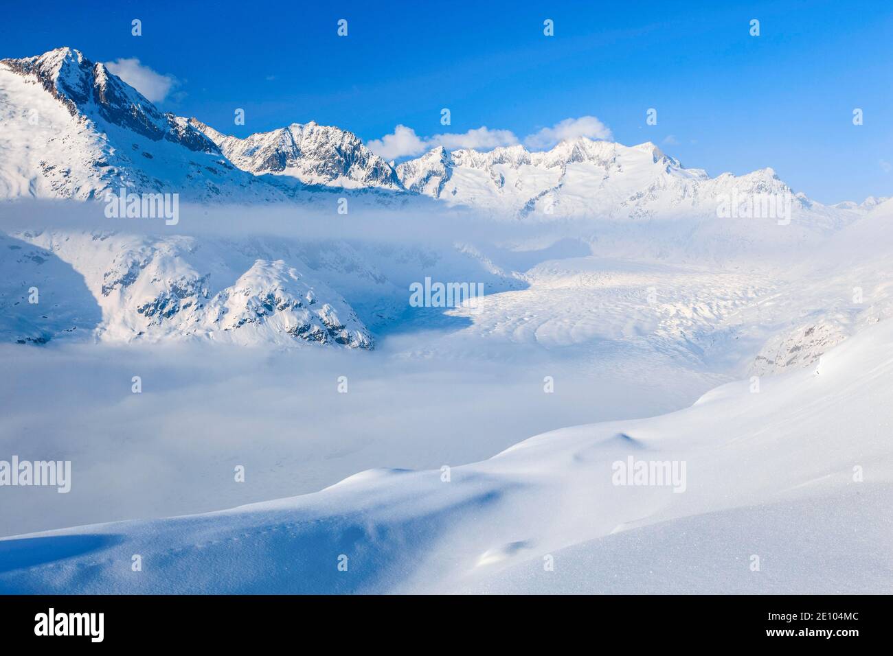 Wannenhörner and Aletsch glacier in winter, Valais, Switzerland, Europe Stock Photo