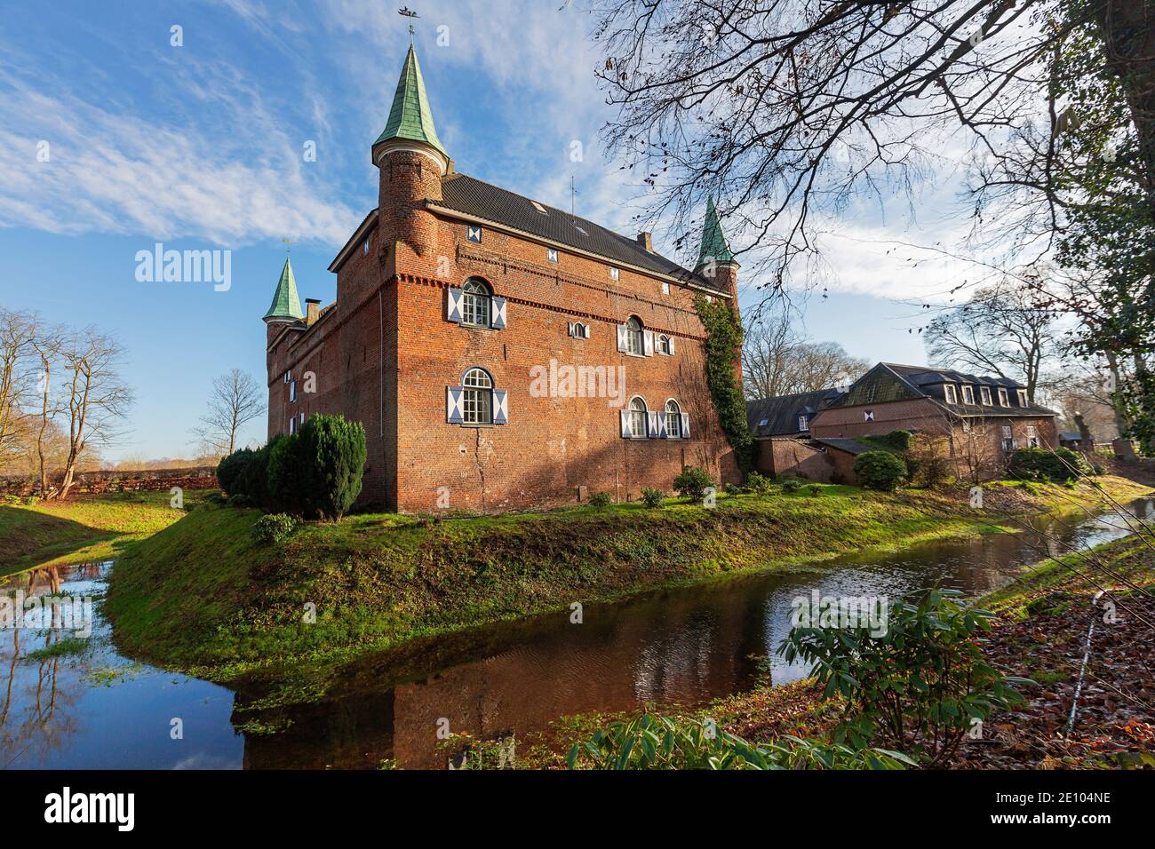 Geldern - Close-up to moated Manor House at Castle Walbeck,  North Rhine Westphalia, Germany, 19.12.2020 Stock Photo