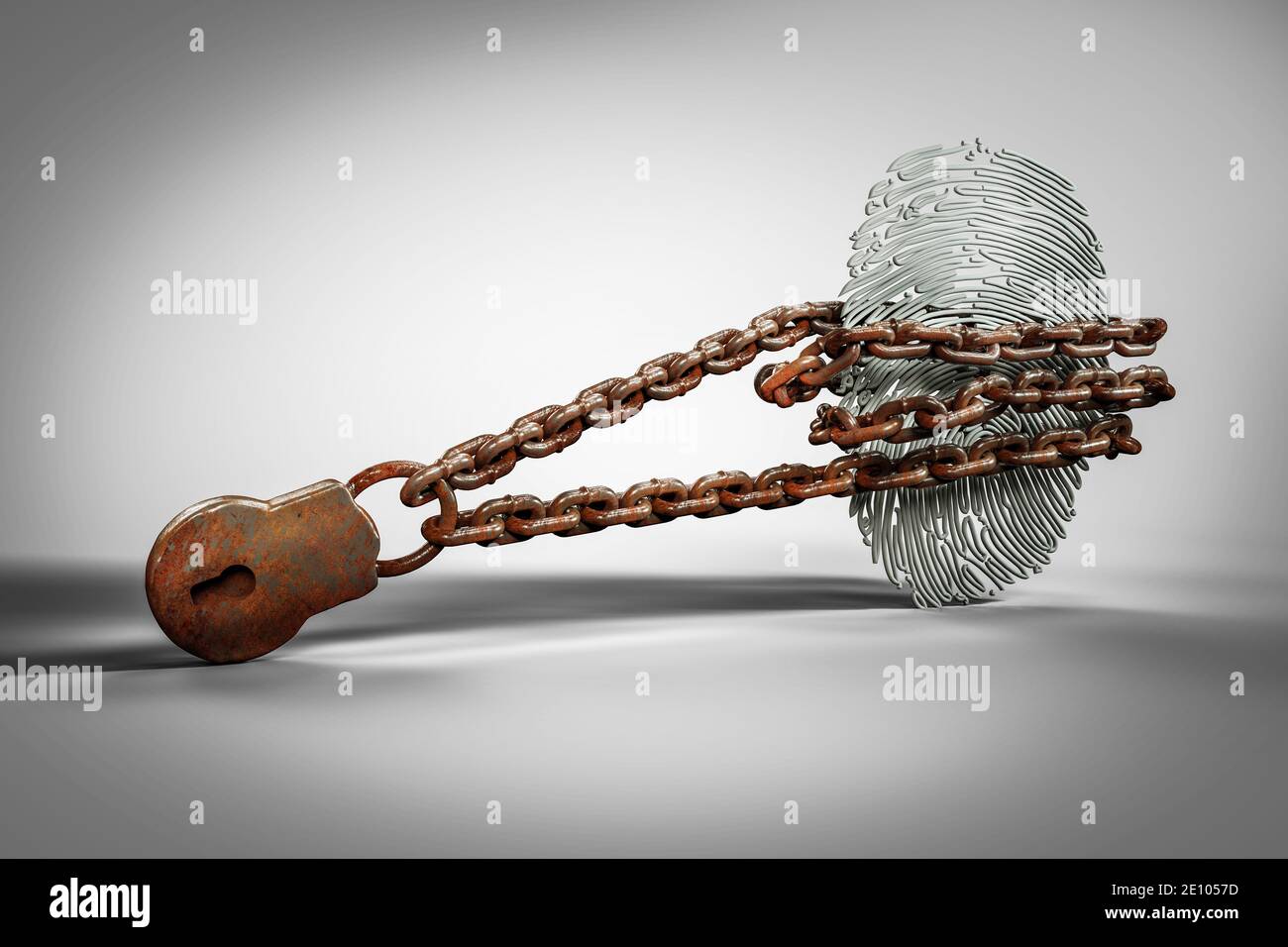 Close up of old vintage rust chain wrapped around a fingerprint in white-grey background. Protection or technology. 3d illustration Stock Photo