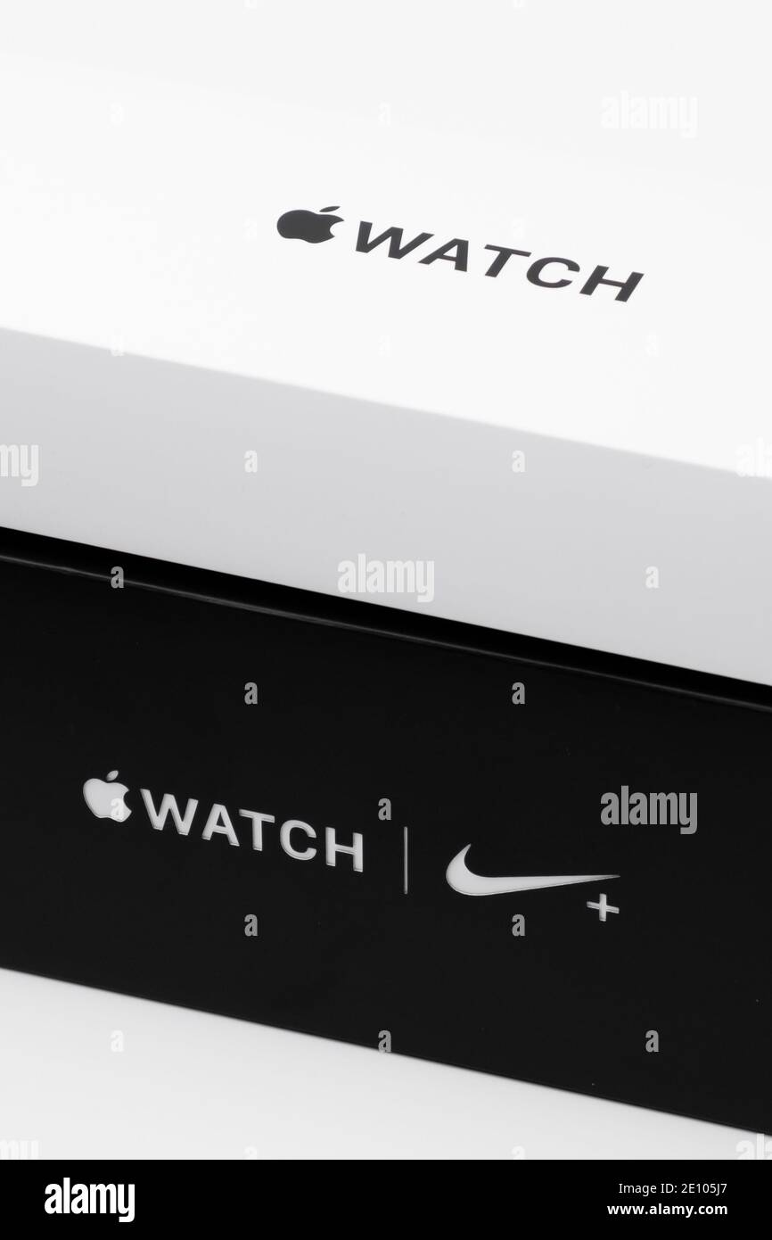 Apple watch and Apple watch Nike plus boxes, black and white, isolated on the white background. Unboxing process. December 2020, San Francisco, USA Stock Photo