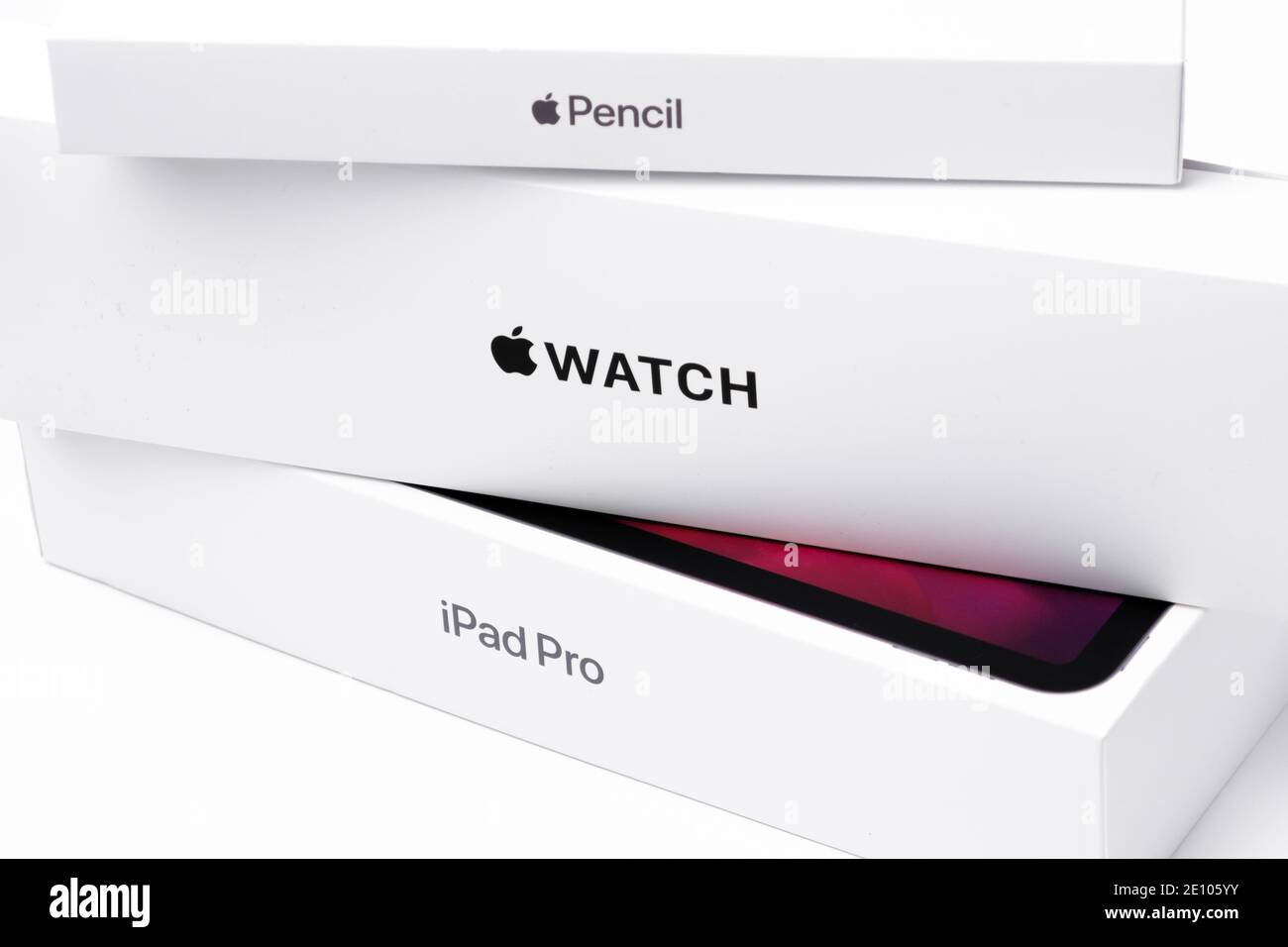 Apple pencil, watch, iPad pro boxes on the white background, December 2020, San Francisco, USA Stock Photo