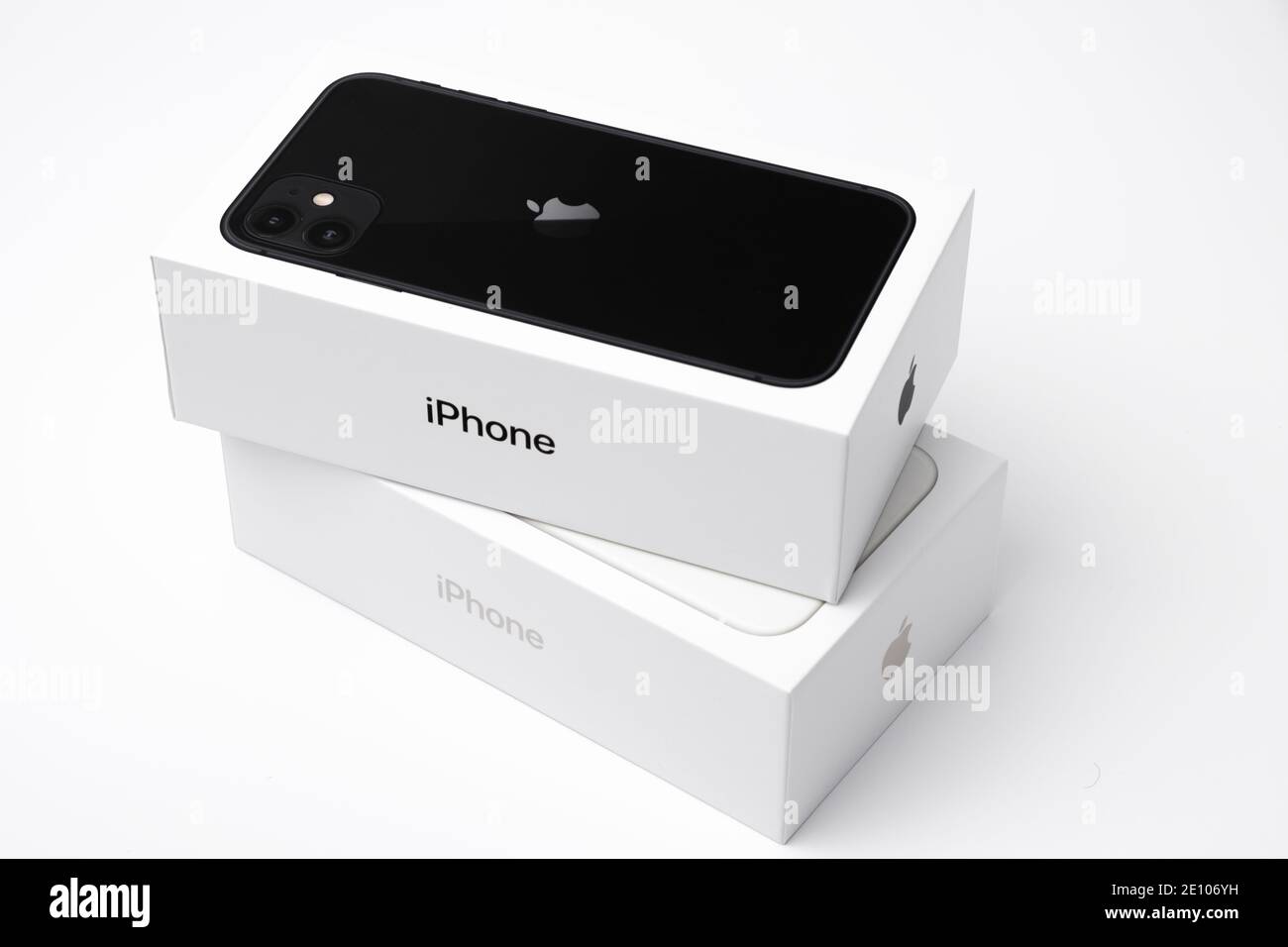 iPhone blank and white in the boxes isolated on the white background, December 2020, San Francisco, USA Stock Photo