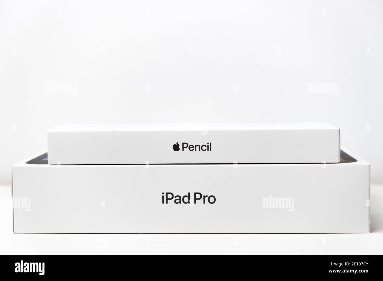 Apple pencil and iPad Pro boxes isolated on the white background, December 2020, San Francisco, USA Stock Photo