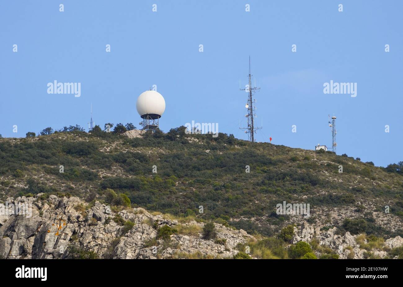 Weather radar, weather surveillance radar, Doppler radar on top of Mijas Mountain, Andalusia, Spain. Stock Photo