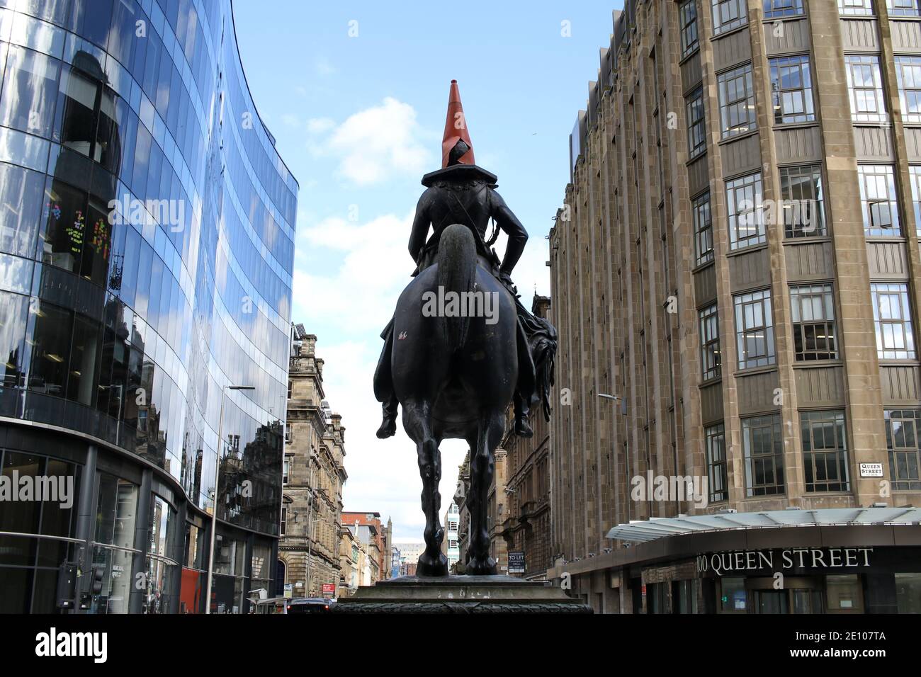 Equestrian statue of the Duke of Wellington with traffic cone as a