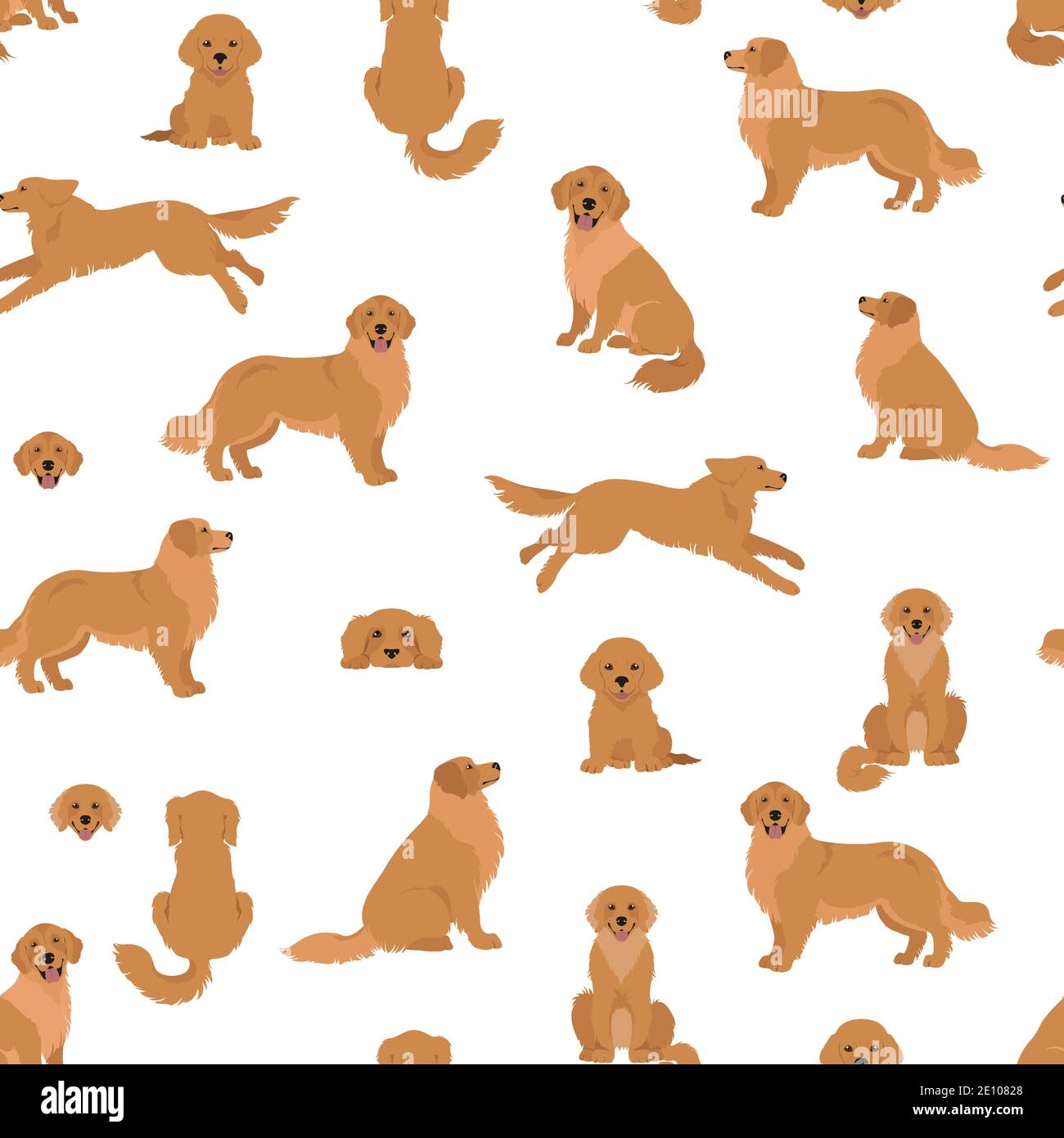 Golden retriever dogs in different poses and coat colors. Seamless