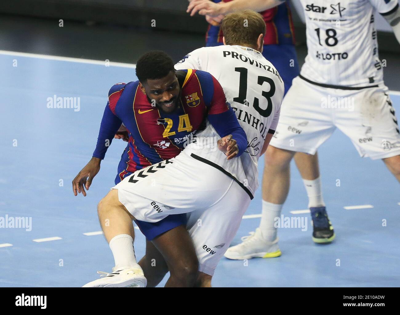 Steffen Weinhold of THW Kiel and Dika Mem  of FC Barcelone during the EHF Champions League, Final Four, Final handball match between THW Kiel and FC Barcelona on December 29, 2020 at Lanxess Arena in Koln, Germany - Photo Laurent Lairys / DPPI Stock Photo