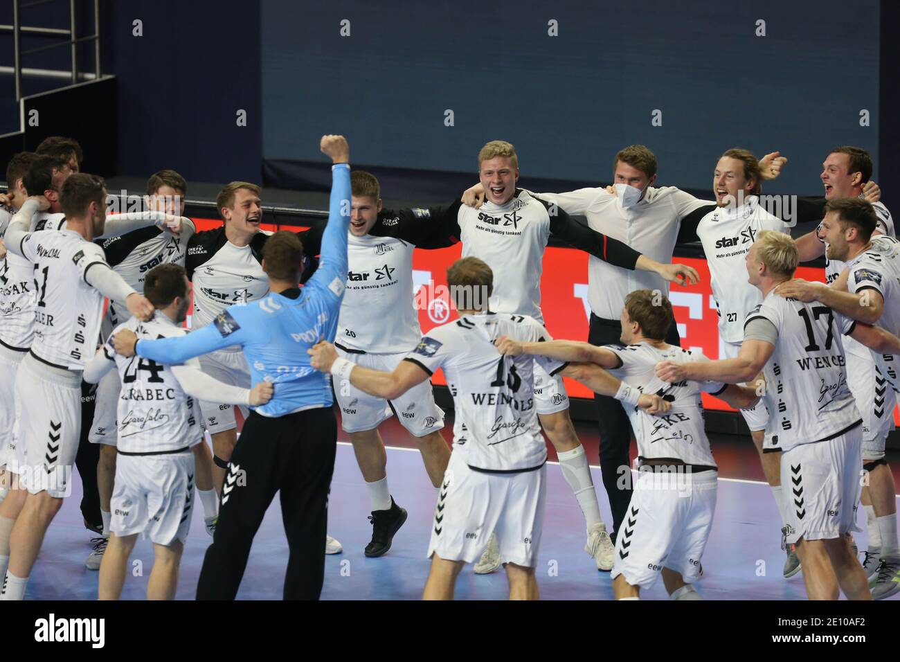 THW Kiel players celebrate after winning the EHF Champions League, Final Four, Final handball match between THW Kiel and FC Barcelona on December 29, 2020 at Lanxess Arena in Koln, Germany -