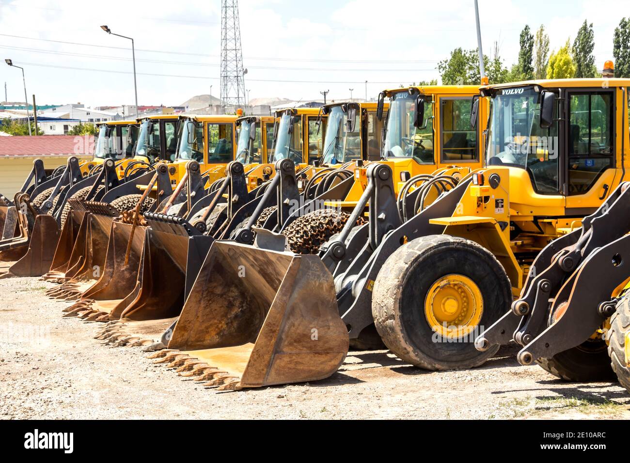 Ankara, Turkey : Multiple Volvo tractors ( JCB ) all in a row on a heavy equipment auction Stock Photo