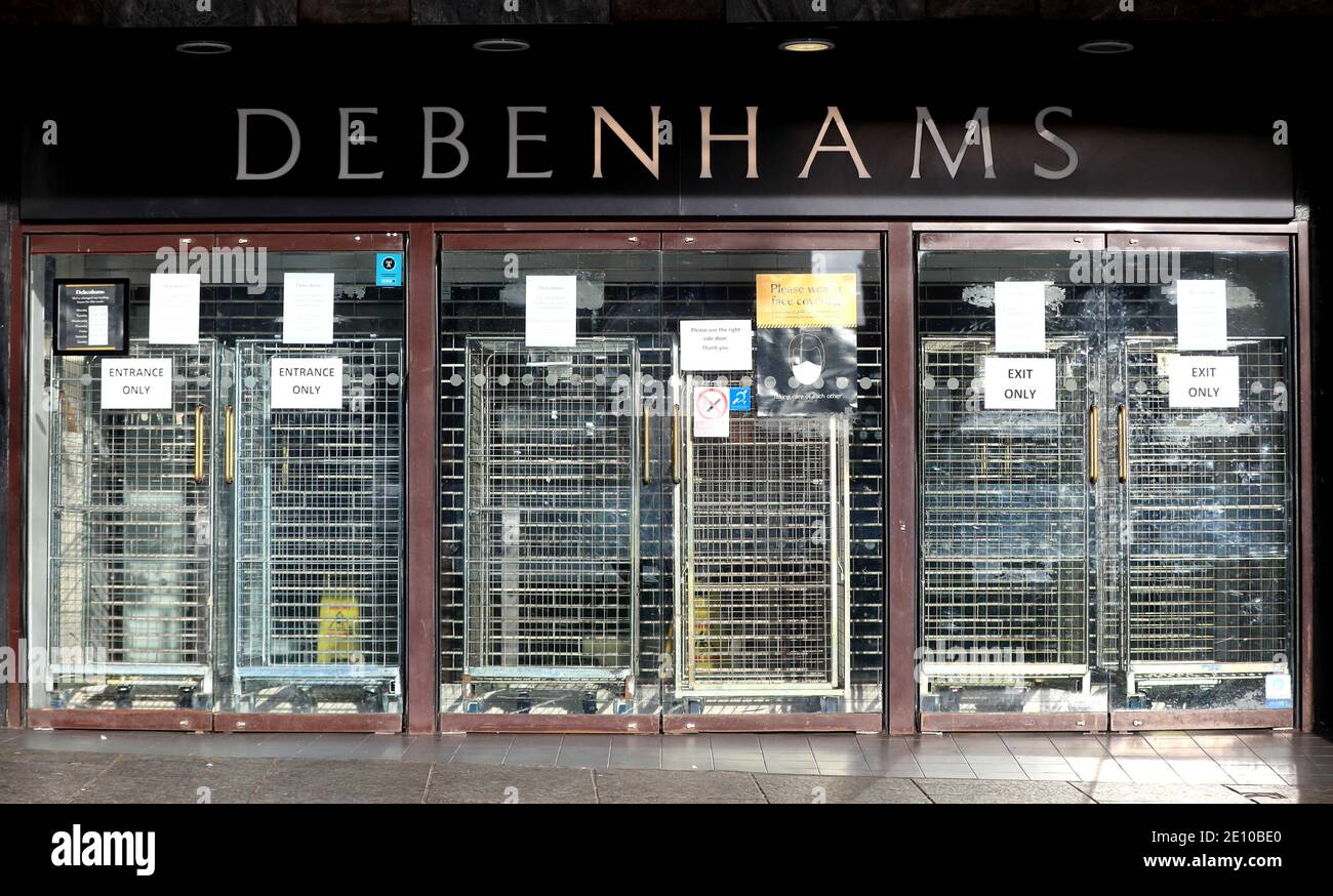 The frontage of the now closed Debenhams store in Nottingham city centre. More than three quarters of England's population is being ordered to stay at home to stop the spread of coronavirus. Stock Photo