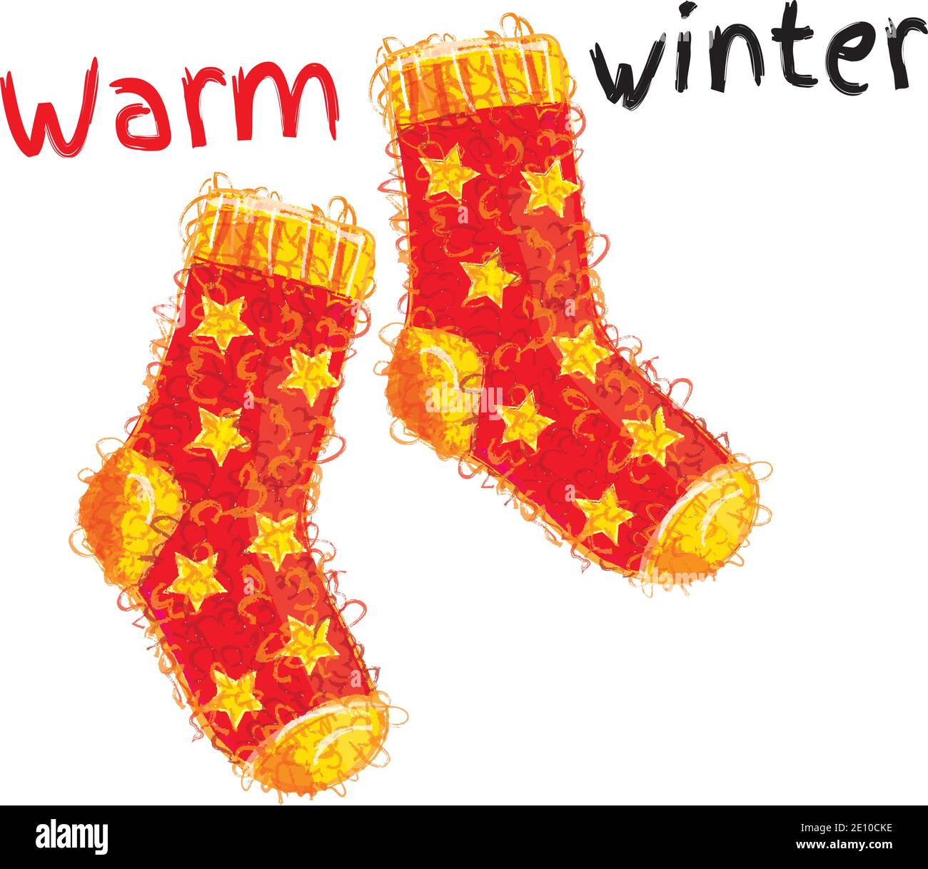 Warm winter woolen red socks with yellow stars Stock Vector